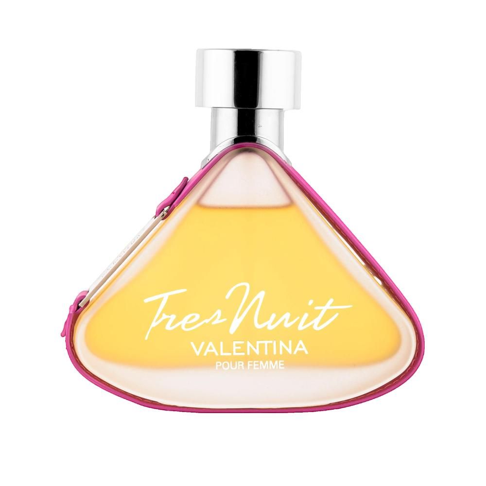 Parfümflakon, dreieckig, mit rosa Umrandung. Aufschrift: Tres Nuit Valentina pour femme.