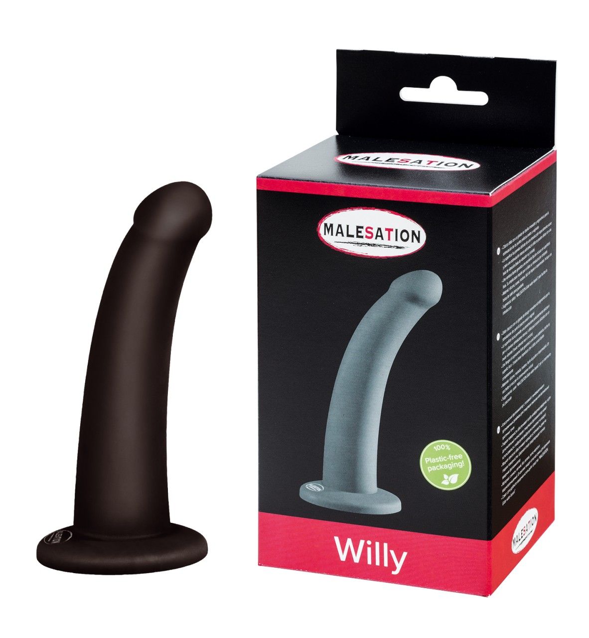 Dunkelgrauer Dildo neben Verpackung. Auf der Verpackung: MALESATION, Willy. Produkt aus Silikon. Schwarze Verpackung mit roter Akzentfarbe.
