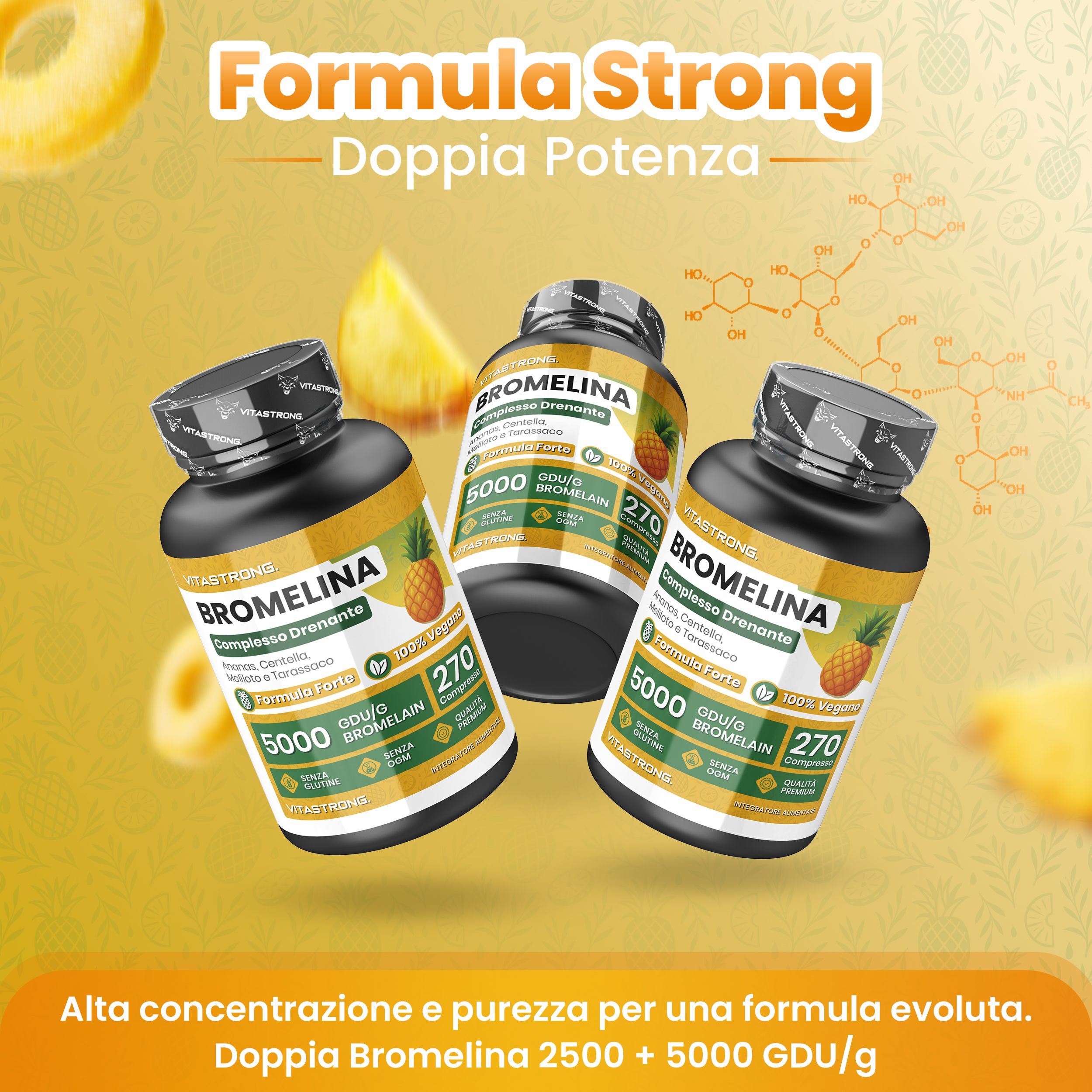 Drei Flaschen Bromelina mit Ananas-Motiv und chemischen Formeln im Hintergrund.