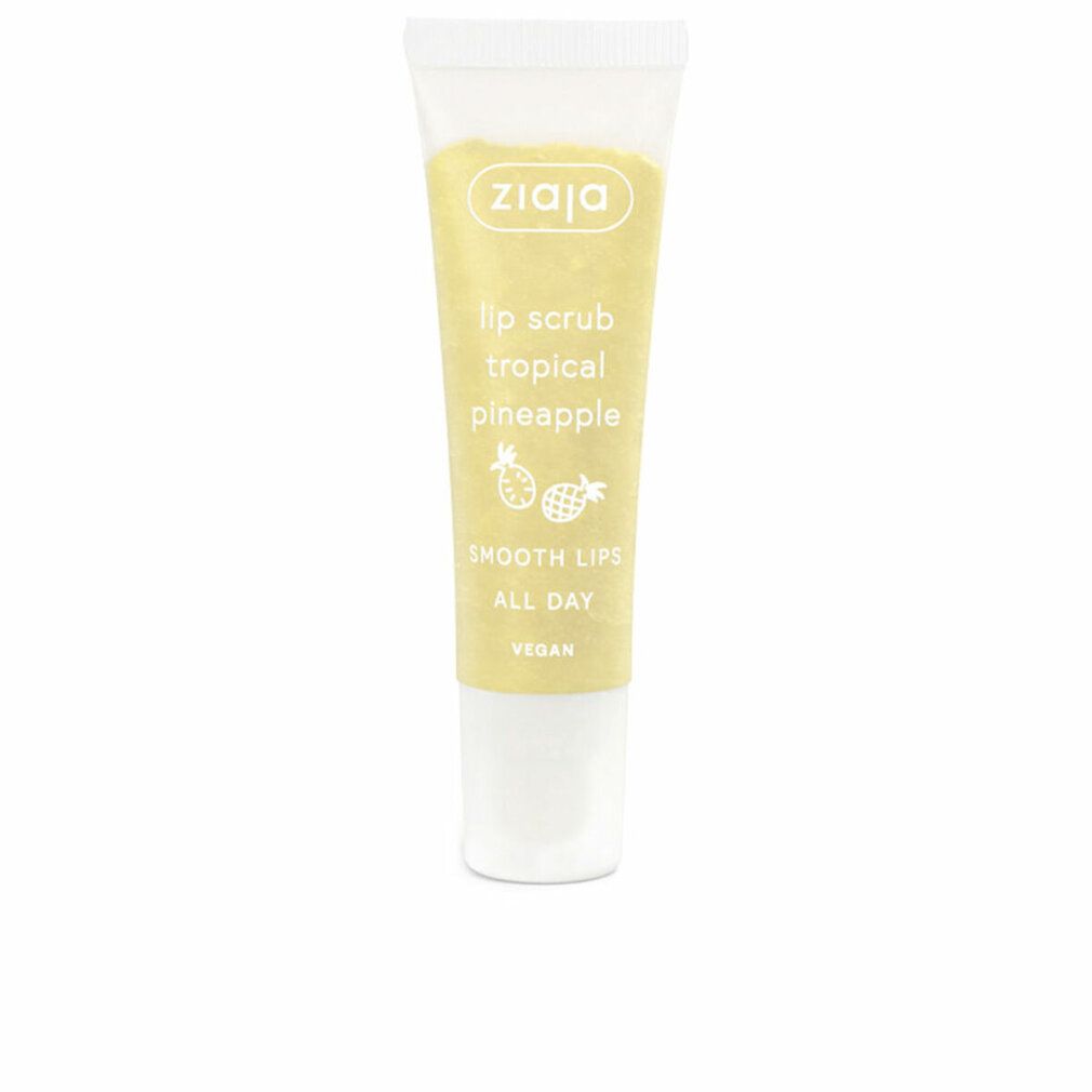 Ziaja Lip Scrub Tropical Pineapple. Transparente Tube mit gelbem Inhalt. Schriftzug und Ananas-Illustration.