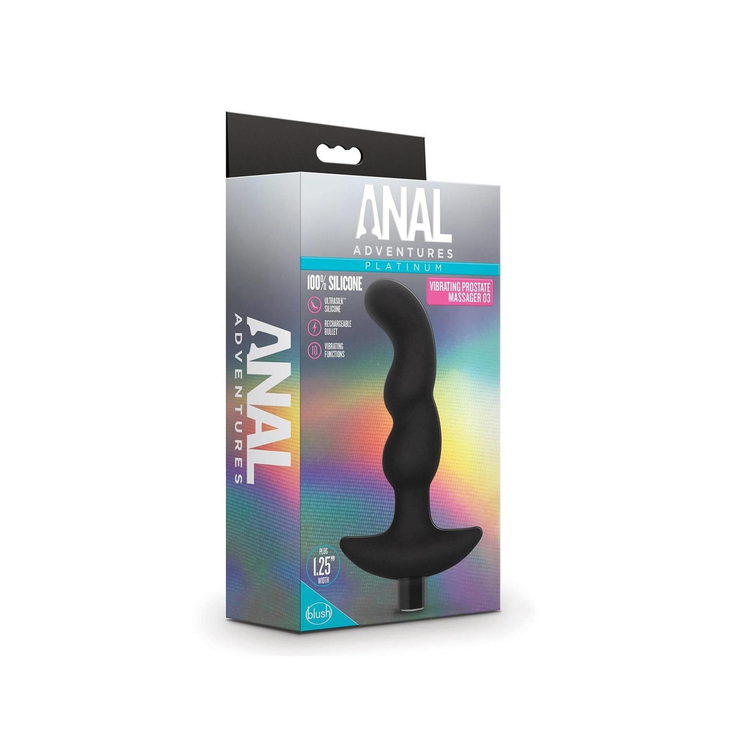 Verpackung für Wellness-Produkt. Aufschrift: ANAL ADVENTURES PLATINUM, 100% Silikon, Vibrations-Prostatamassagegerät 03.