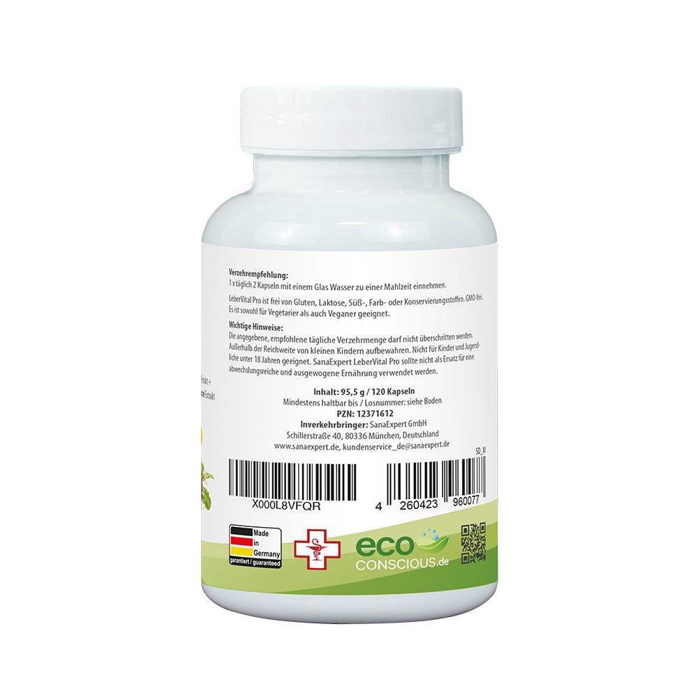 Rückseite der weißen Flasche SanaExpert LeberVital Pro. Text mit Dosierung und Inhaltsangaben. Eco Conscious.