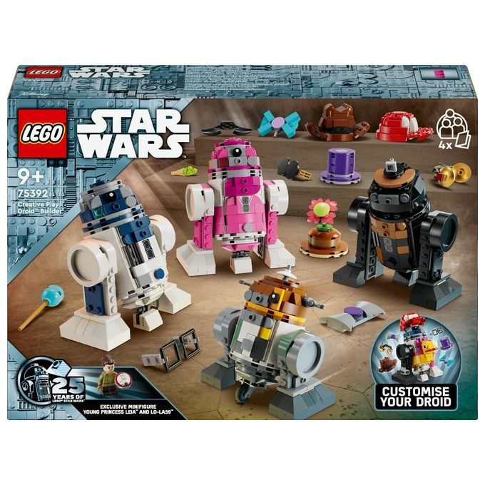 Set LEGO Star Wars per costruire droidi creativi. La confezione mostra diversi modelli di droidi in vari colori e design, inclusi personaggi simili a R2-D2. Include accessori e opzioni di personalizzazione.