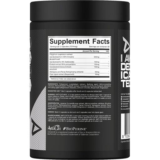Rückseite der schwarzen Dose. Enthält Informationen zu Inhaltsstoffen und Nährwertangaben. Text in Englisch und Niederländisch.