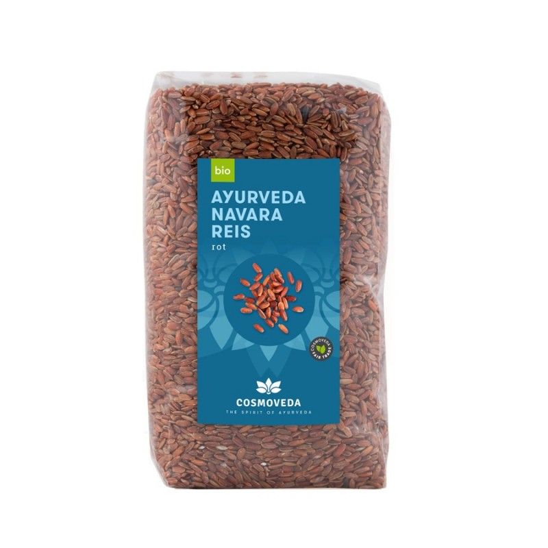 Transparente Verpackung mit rotem Ayurveda Navara Reis. Blaues Etikett mit Text: Ayurveda Navara Reis rot, Bio-Siegel und Cosmoveda Logo.