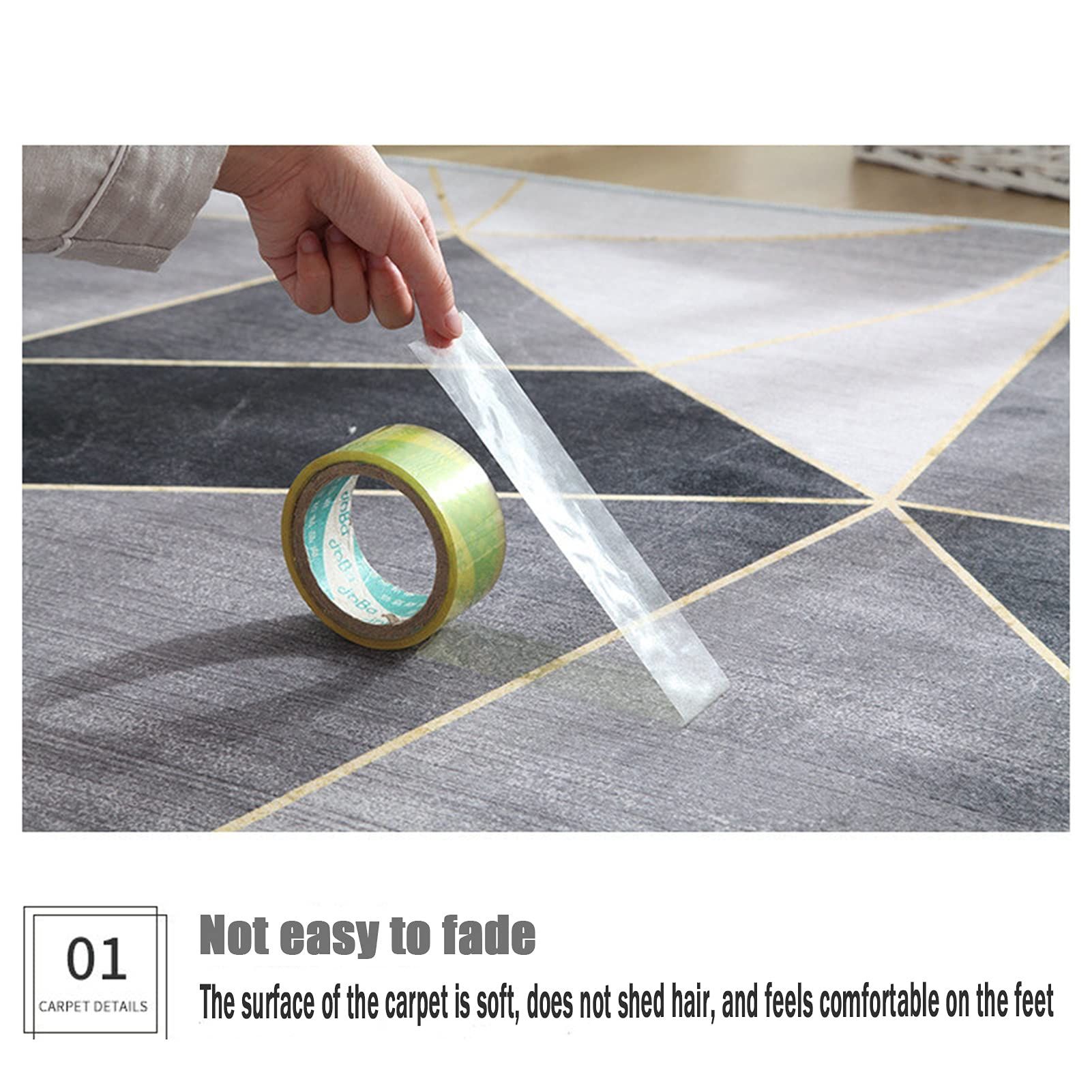 Grau-goldener Teppich mit geometrischem Muster. Klebeband wird auf dem Teppich angebracht.