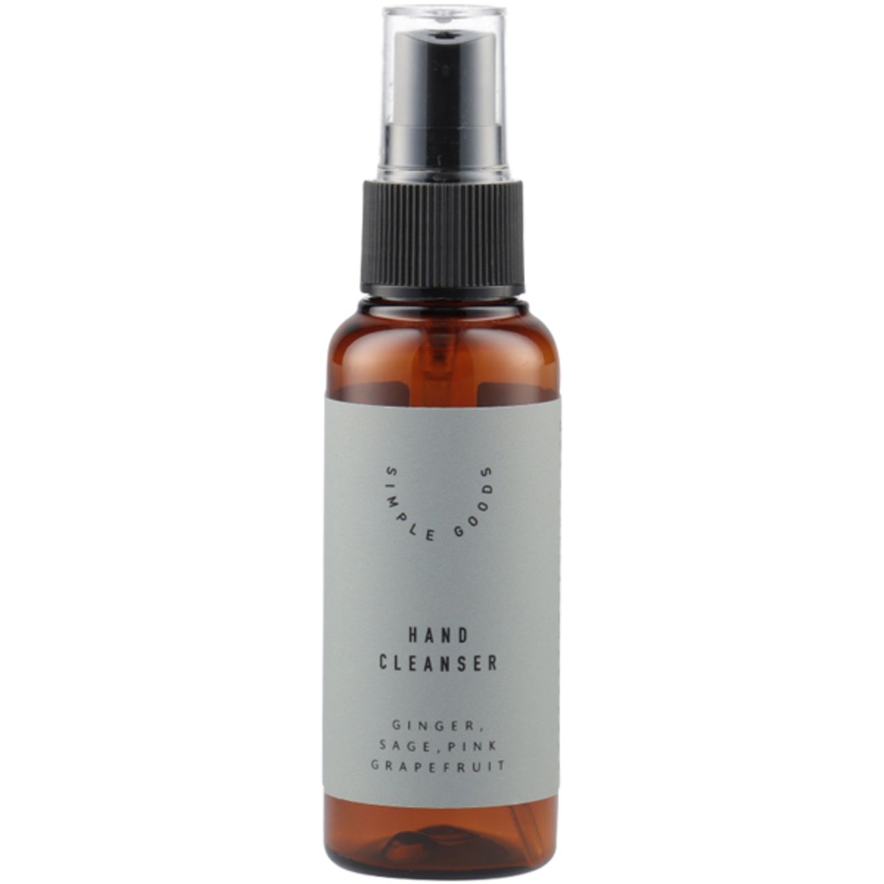 Braune Flasche mit Zerstäuber. Etikett mit "Simple Goods Hand Cleanser". Inhaltsstoffe: Ingwer, Salbei, rosa Grapefruit.