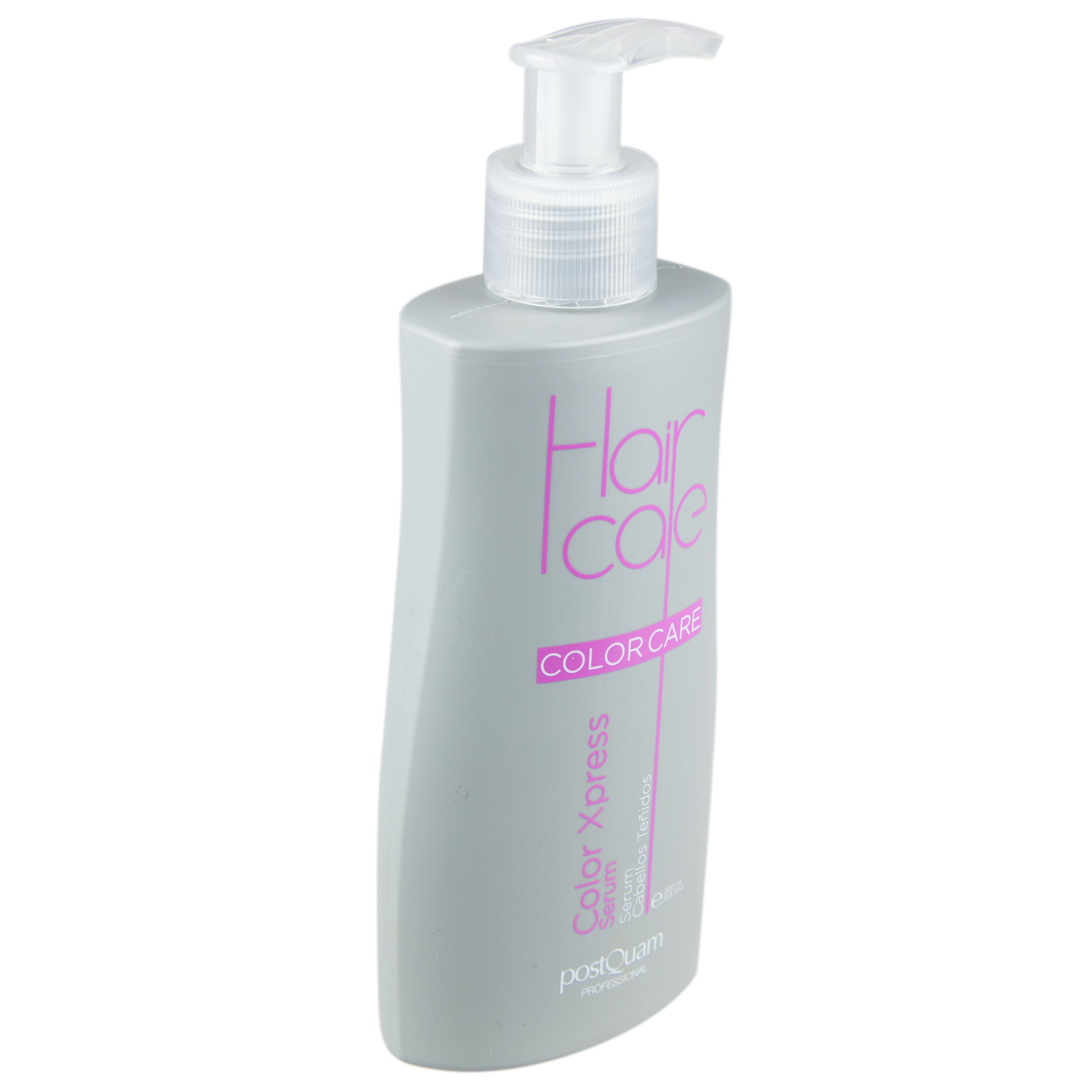 Graue Flasche mit Pumpe, schräg. Aufschrift: Hair Care, Color Care, Color Xpress Serum. Marke: Postquam.