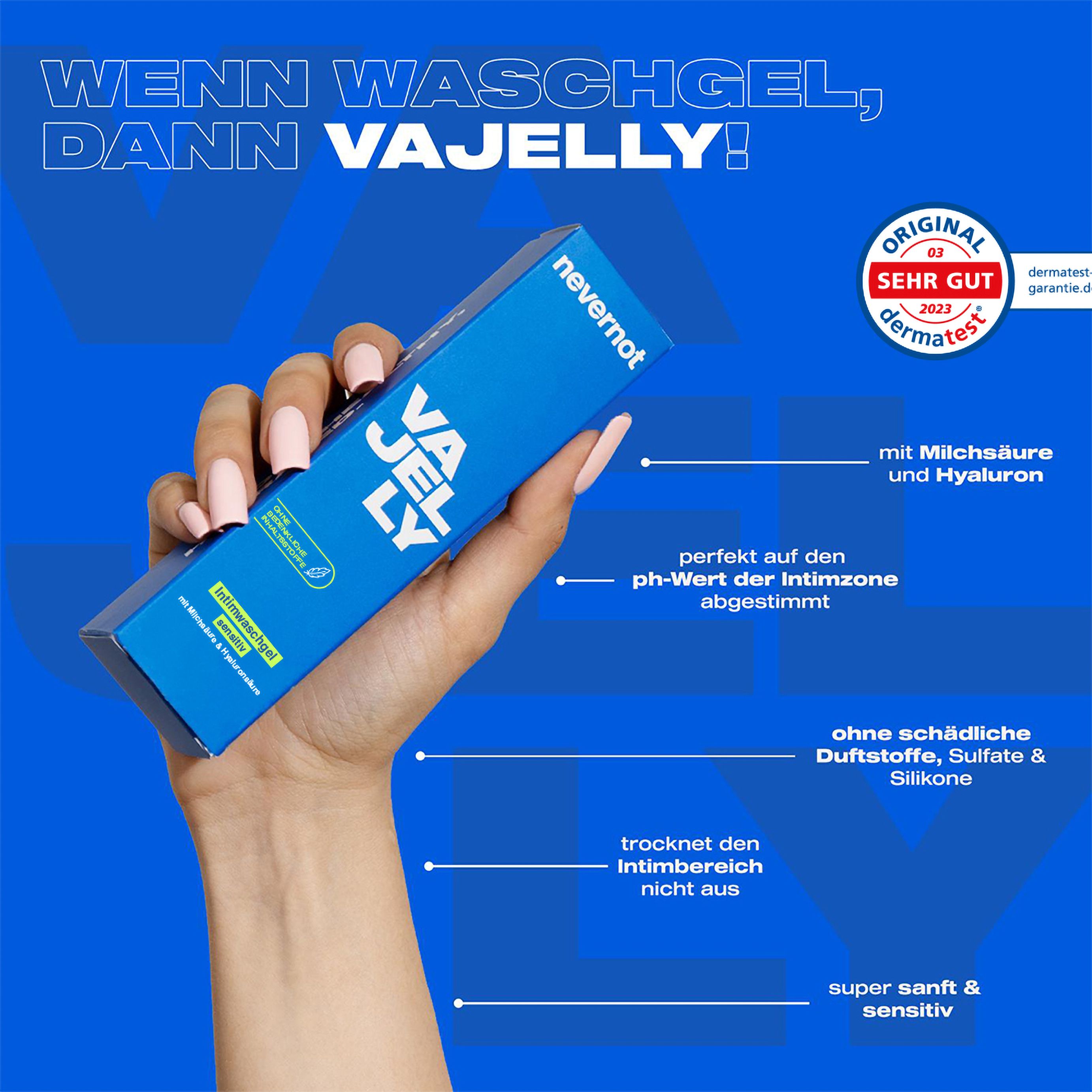 Hand hält blaue Produktverpackung. Aufschrift: Vajelly, Intimwaschgel sensitiv. Mit Milchsäure & Hyaluron. Auszeichnung: Sehr gut.