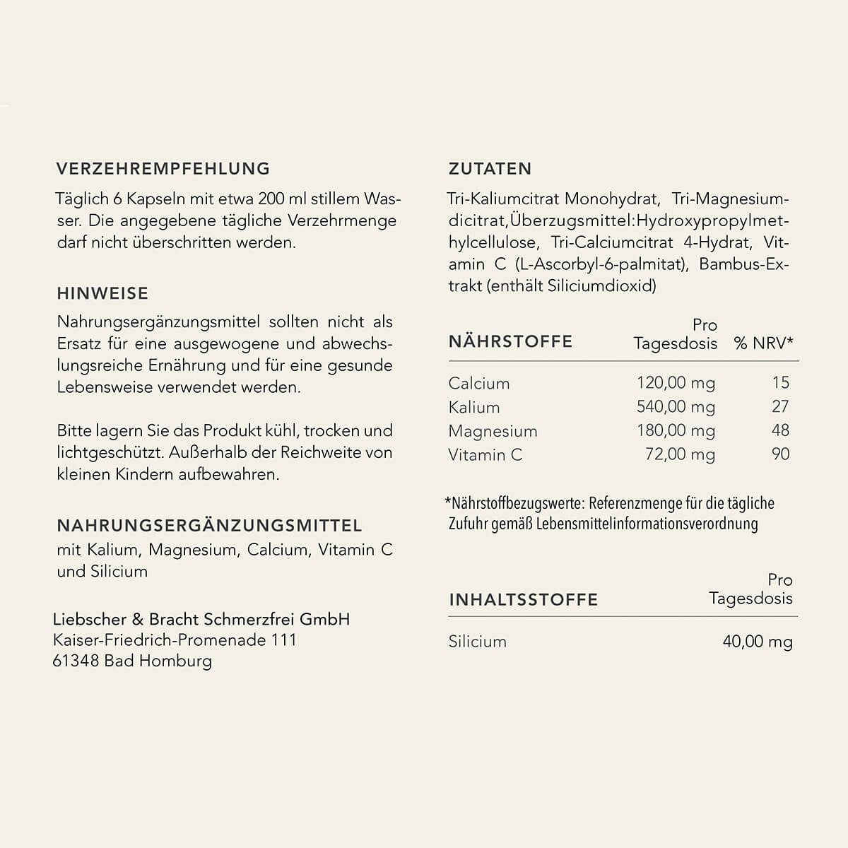 Textseite mit Informationen zu Inhaltsstoffen und Nährwerten von "Basen+".