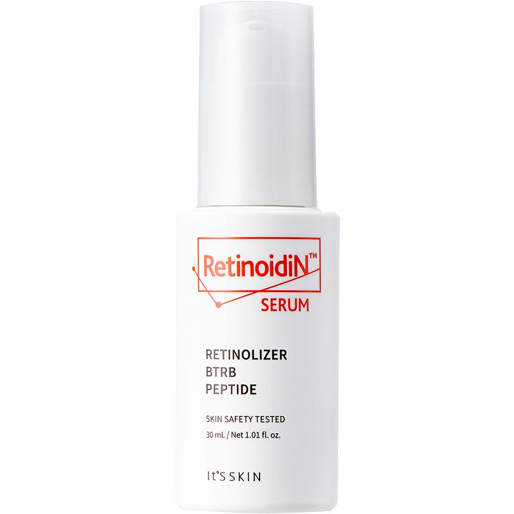 Weiße Flasche mit Pumpe. Roter Schriftzug "Retinoidin Serum". Text: Retinolizer, BTRB, Peptide. "Skin Safety Tested". Marke: IT'S SKIN.