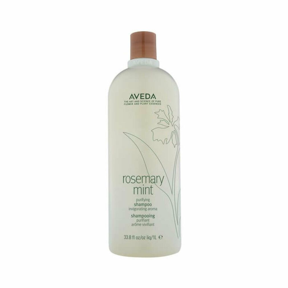 Aveda Shampoo-Flasche. Weißes, zylindrisches Design mit braunem Deckel. Aufschrift: Rosemary Mint, reinigendes Shampoo. Logo und floraler Aufdruck.