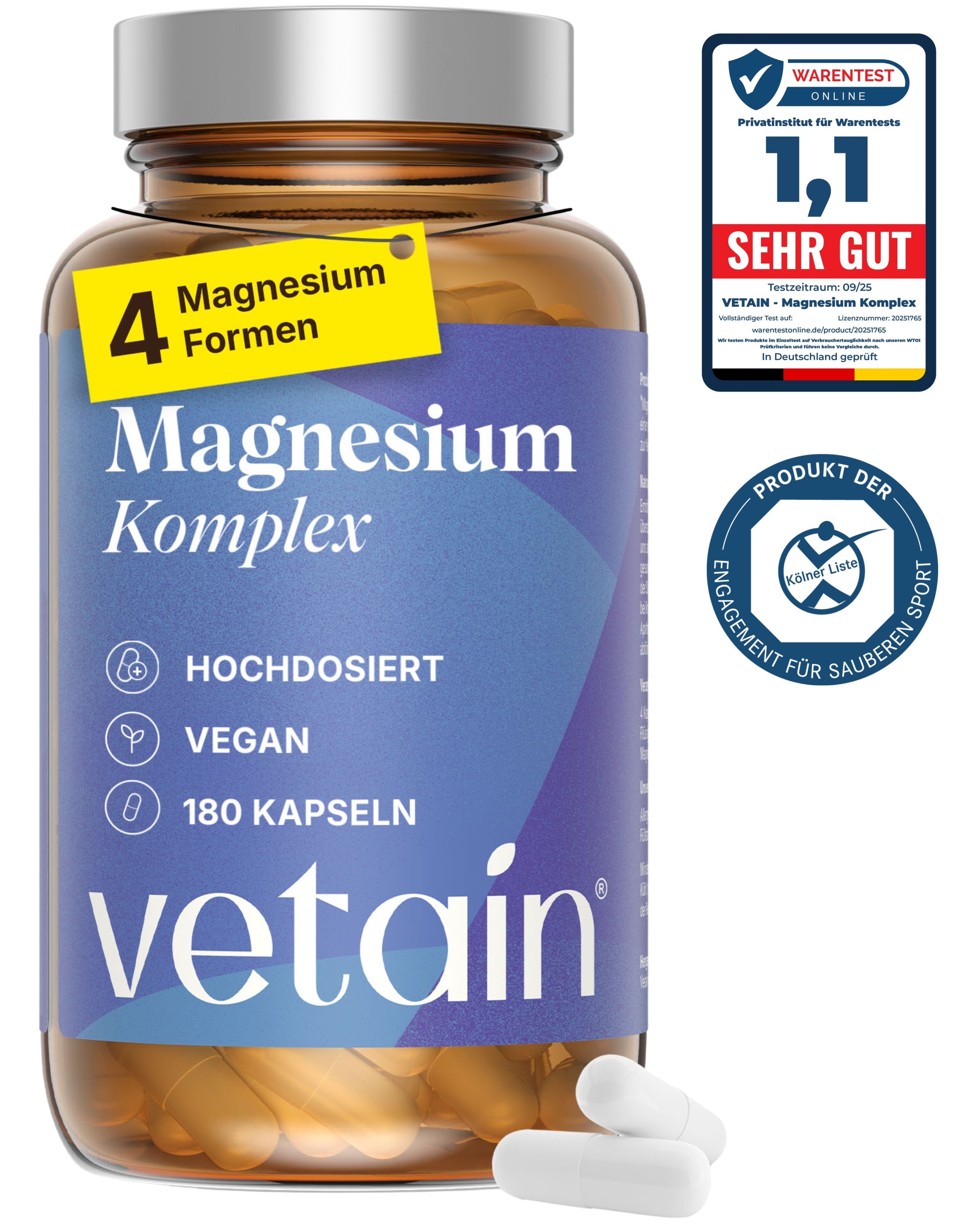 Vetain Magnesium Komplex Flasche mit 180 Kapseln, Siegel 'Sehr Gut'.