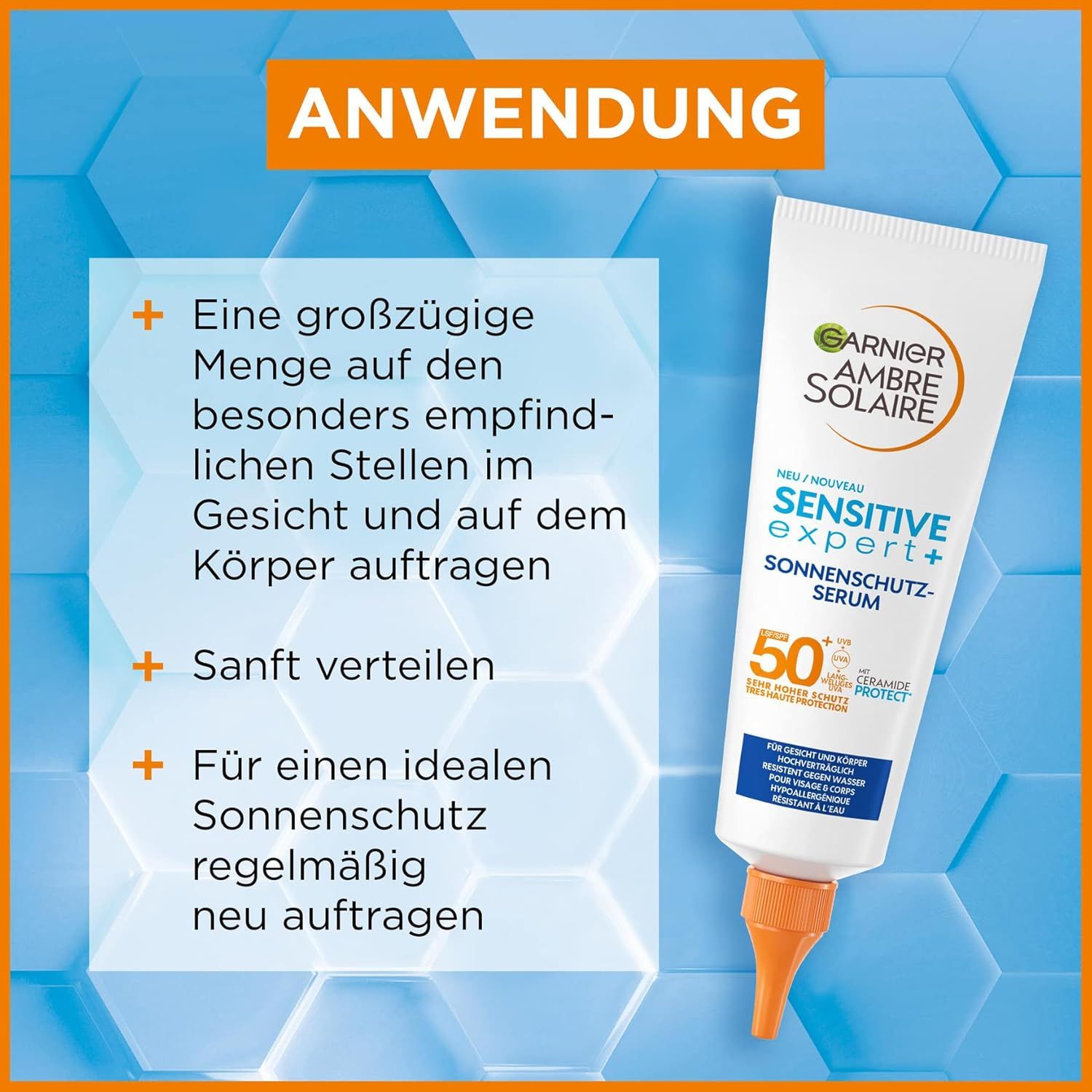 Garnier Ambre Solaire Sensitive Expert+ LSF50+ Sonnen-Serum Tube. Anwendungshinweise. Blaue und orangefarbene Elemente.