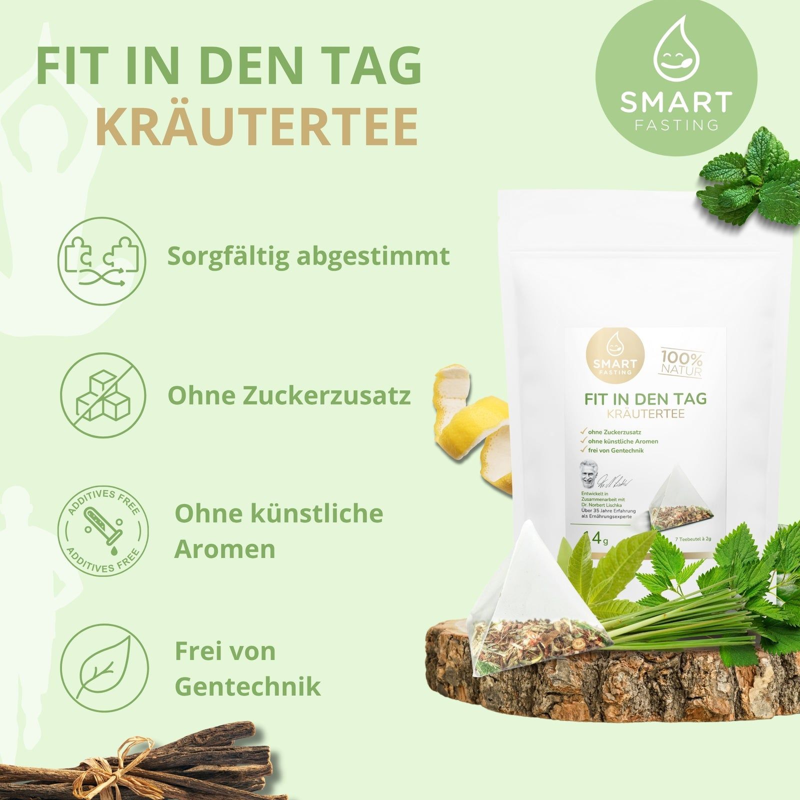 Weißer Beutel mit Kräutertee, Pyramidenbeutel, Kräuter, Logo Smart Fasting. Text: Ohne Zuckerzusatz, ohne künstliche Aromen.