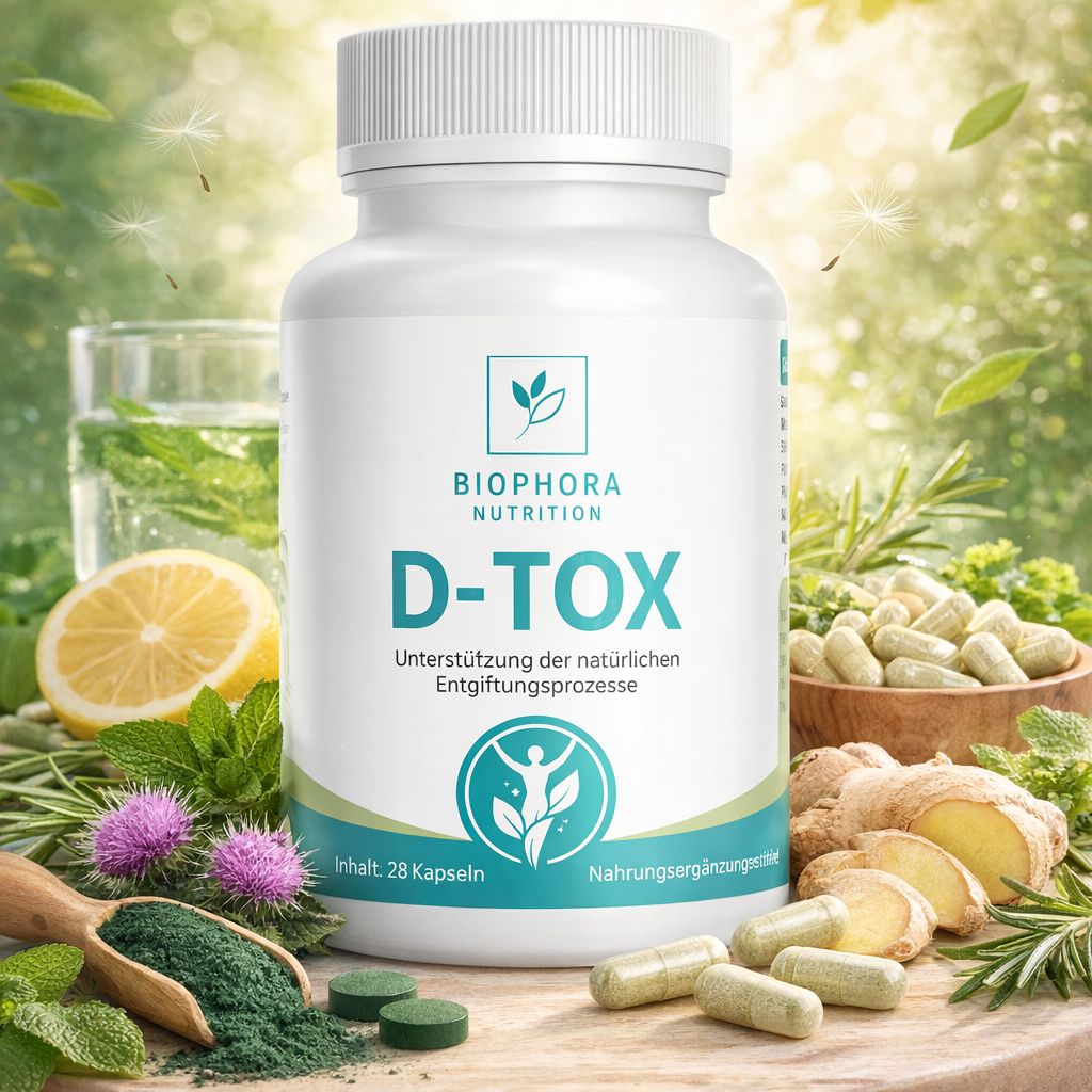 Weiße Kapsel-Dose mit grünem Etikett. Aufschrift: D-TOX, Biophora Nutrition. Ergänzt durch Kräuter, Zitrone, Wasser und Kapseln.