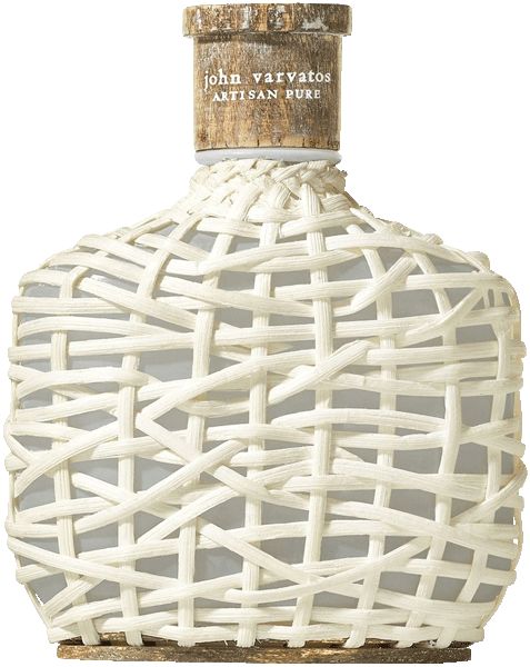 Flasche John Varvatos Artisan Pure Eau de Toilette mit weißem Korbflechtmuster und Holzverschluss.