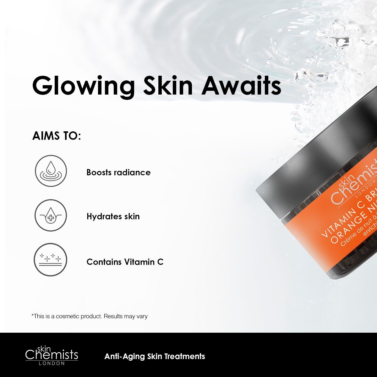 Produkt mit Text. Dose mit orangefarbenem Etikett. Text: Glowing Skin Awaits, AIMS TO: Boosts radiance, Hydrates skin, Contains Vitamin C.
