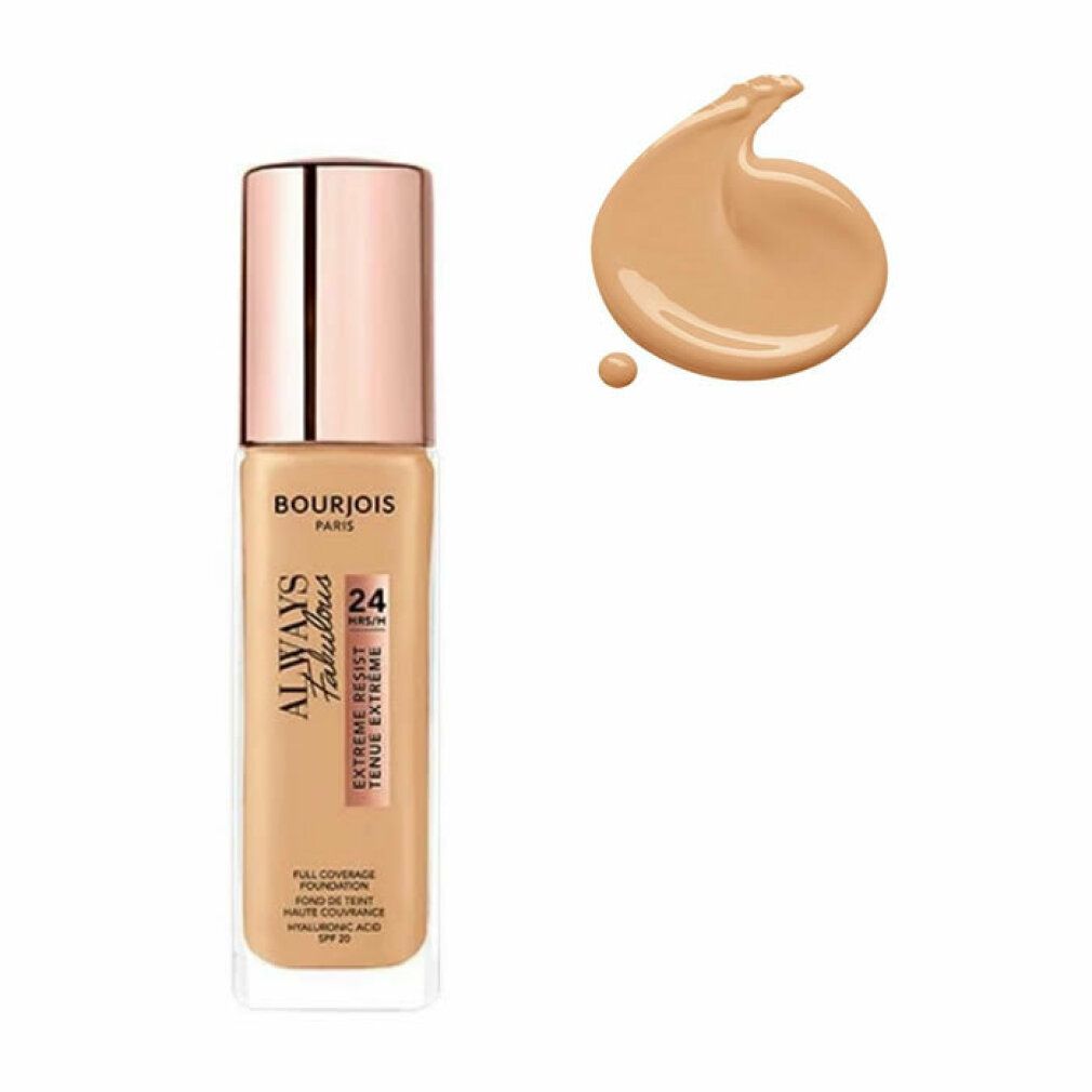 Bourjois Always Fabulous Foundation-Flakon und Farbtonprobe. Schwarzer Pumpverschluss, roségoldener Deckel. Text.