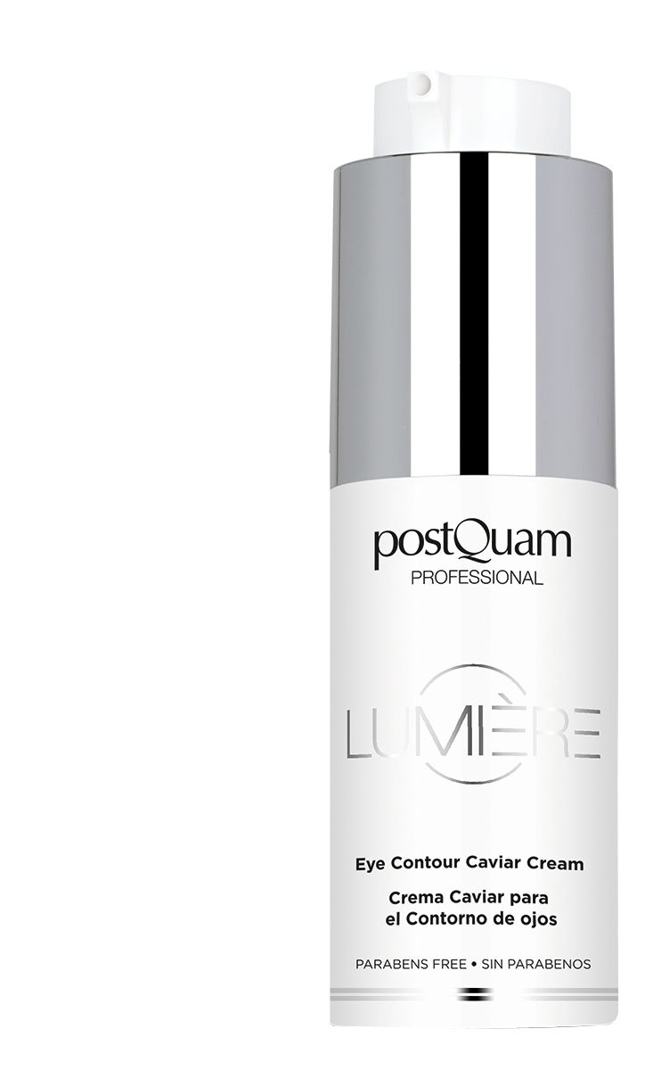 Creme-Flakon mit silberner Kappe. Aufschrift: PostQuam Professional, Lumière, Eye Contour Caviar Cream. Ohne Parabene.