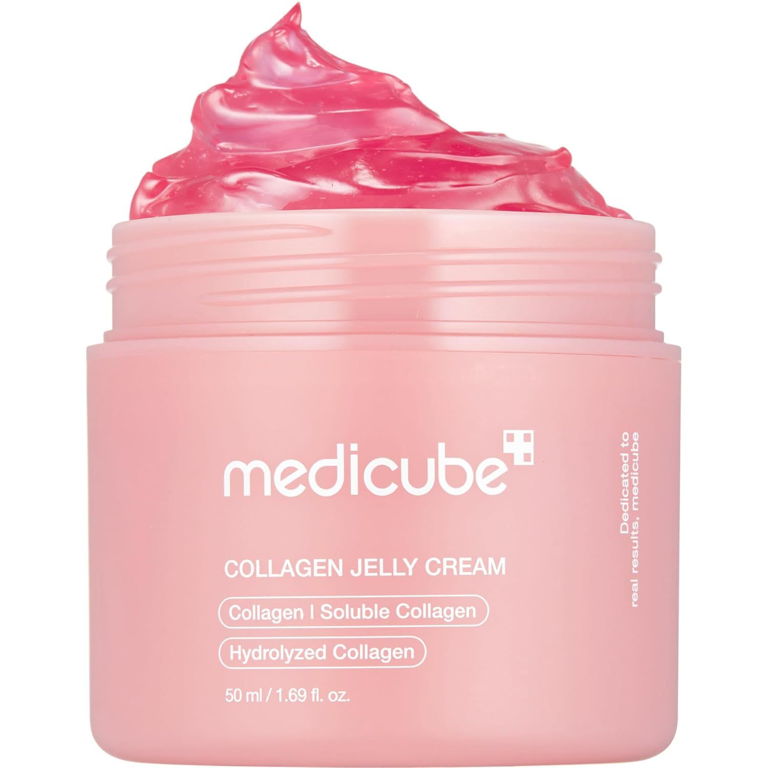 Rosa Creme in einem rosa Tiegel. Aufschrift: Collagen Jelly Cream. Enthält Collagen I Soluble Collagen und Hydrolyzed Collagen. Marke: Medicube.