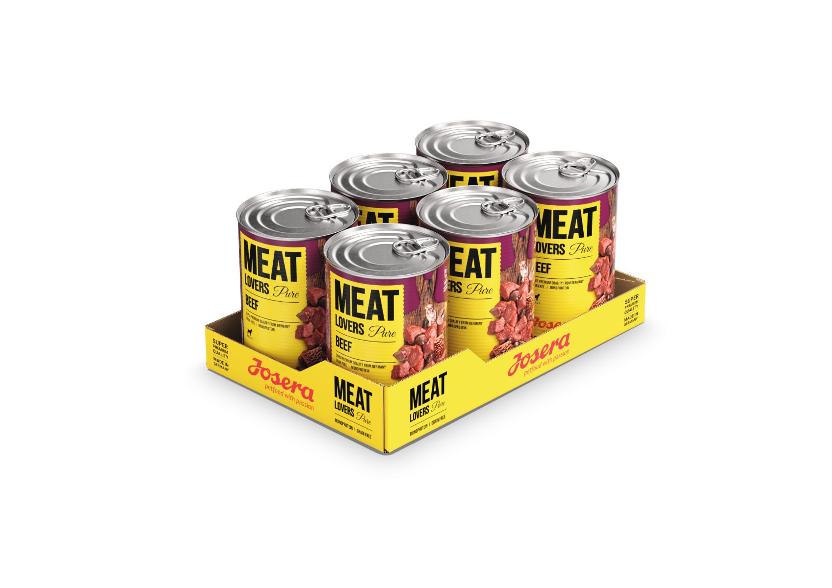 Sechs Dosen JOSERA Meat Lovers Pure Beef in gelber Verpackung. Aufschrift Meat Lovers Pure Beef und Josera.
