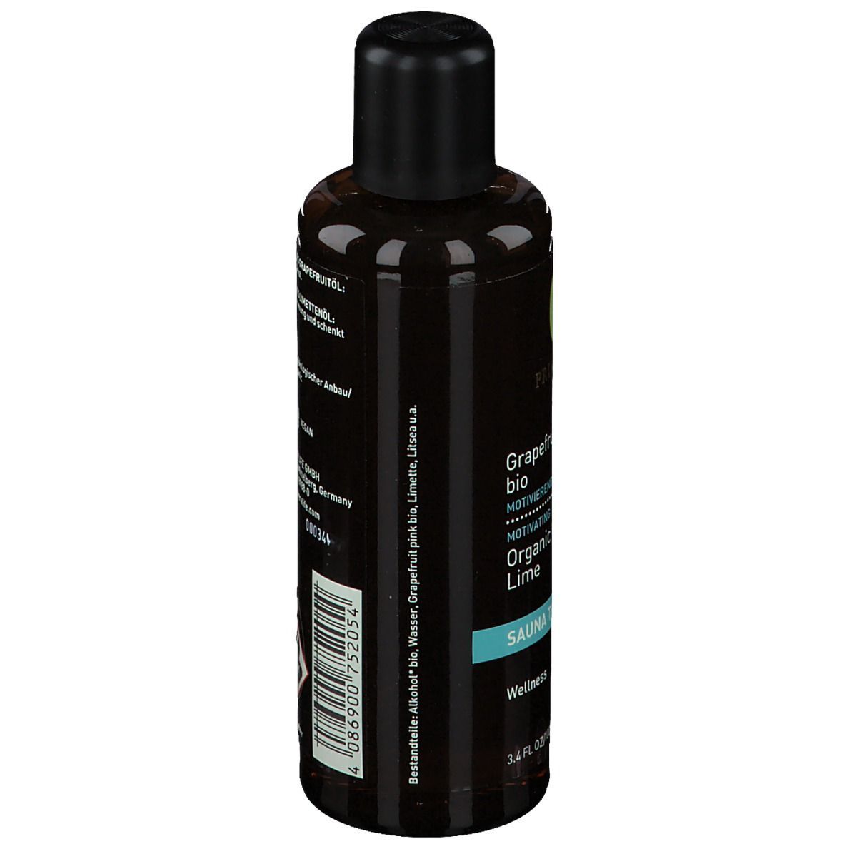 Braune Flasche mit schwarzem Deckel. Etikett mit PRIMAVERA, Grapefruit Limette BIO, Sauna Therapy. 100 ml.