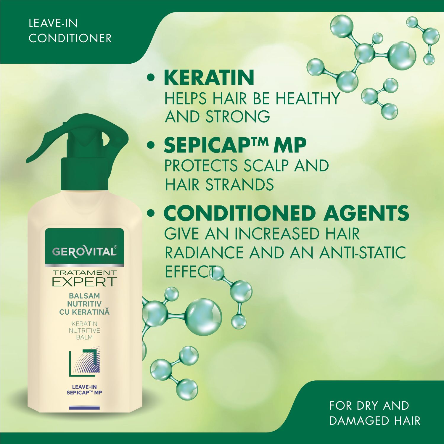 Produkt mit Text: Leave-in conditioner. Vorteile: Keratin, Sepicap MP, Conditioned Agents. Für trockenes und geschädigtes Haar.