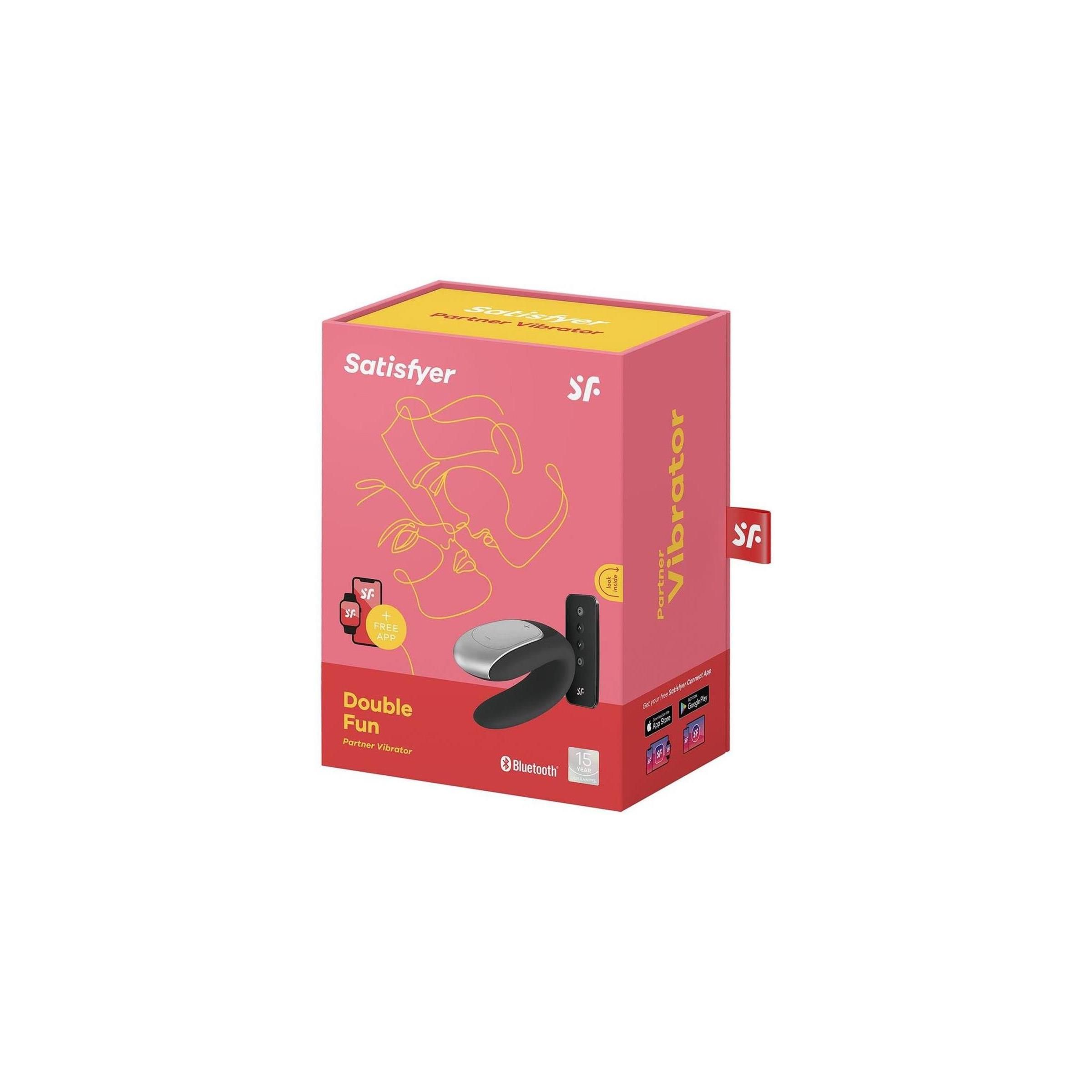 Verpackung von Satisfyer Double Fun. Rosa Schachtel mit Produktabbildung und App-Logo. Aufschrift Vibrator.