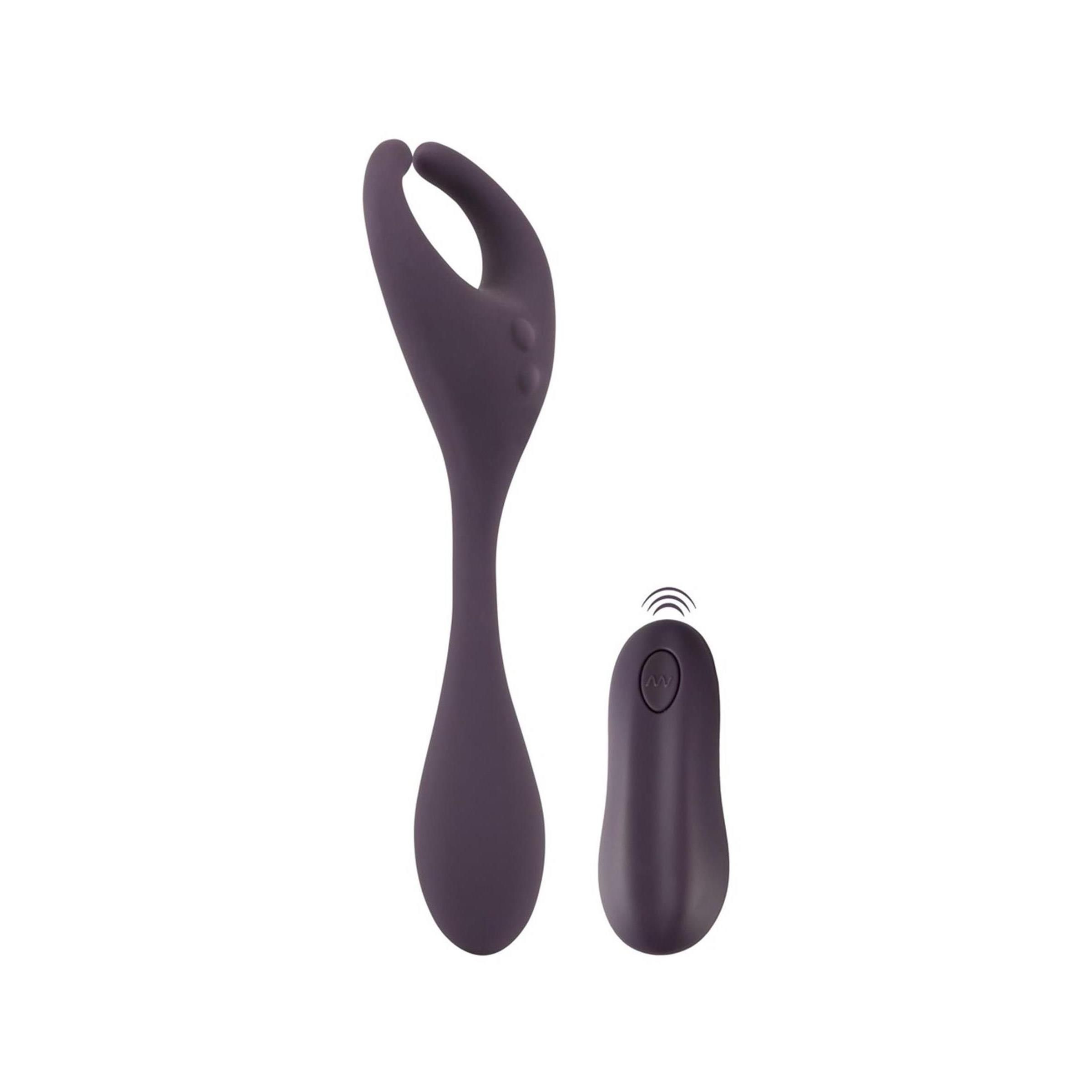 Lila Vibrator mit Fernbedienung. Der Vibrator hat eine geschwungene Form. Die Fernbedienung ist oval.