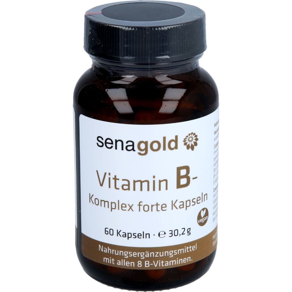 Braune Flasche mit Senagold Vitamin B-Komplex forte Kapseln. Aufschrift: 60 Kapseln, Nahrungsergänzungsmittel mit 8 B-Vitaminen. Vegan-Siegel.