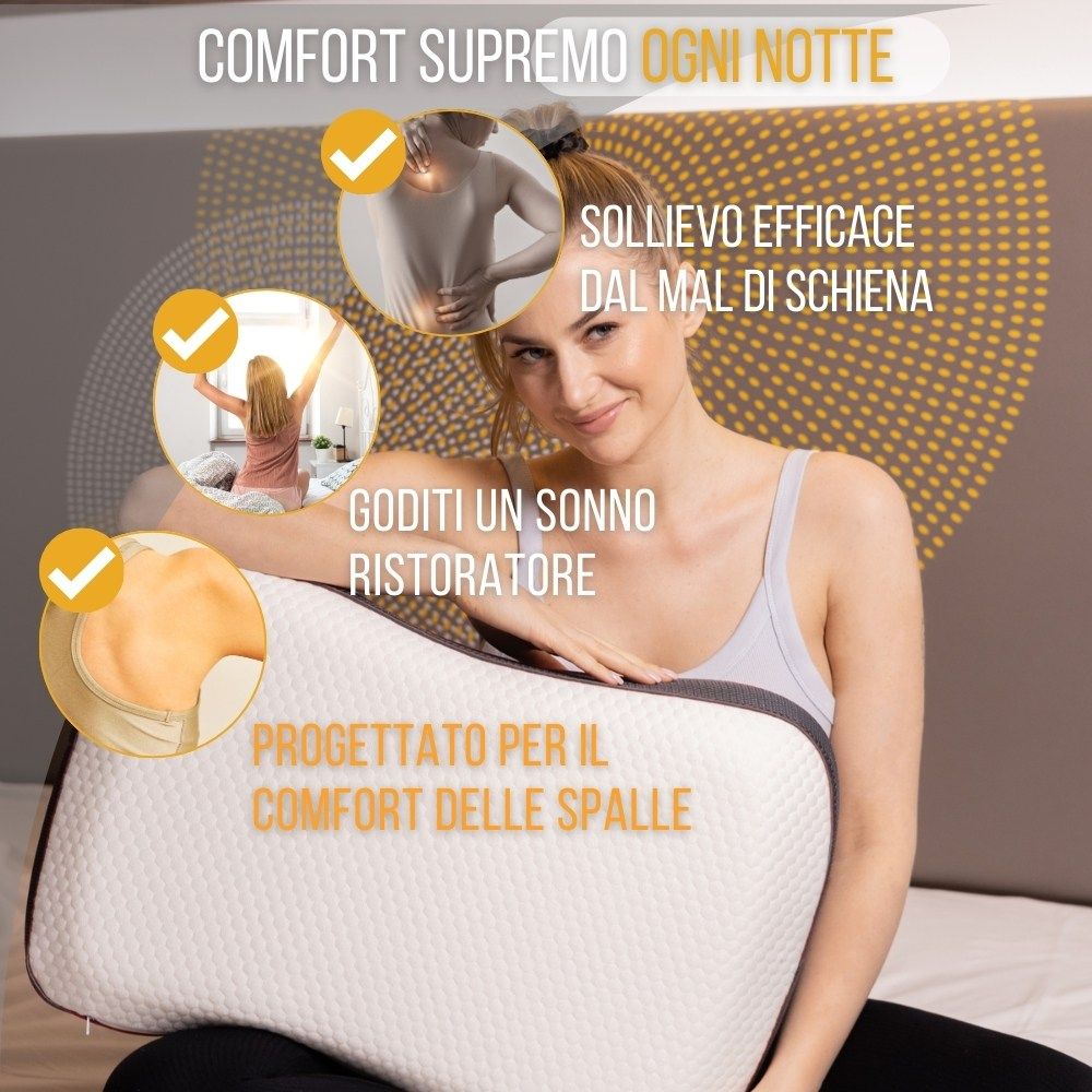 Cuscino ergonomico bianco con accenti grigi. Etichette: effetto antistatico, tessuto a rete traspirante.
