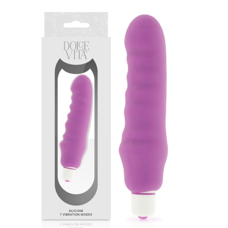Lila Silikon-Vibrator mit geriffelter Oberfläche. Verpackung mit Produktabbildung und Markennamen Dolce Vita.