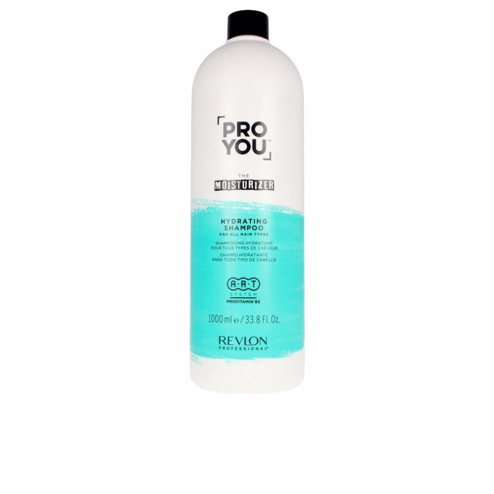 Weiße Flasche mit schwarzem Deckel. Aufschrift: PRO YOU The Moisturizer. Türkisfarbener Streifen mit Text. Revlon Professional.