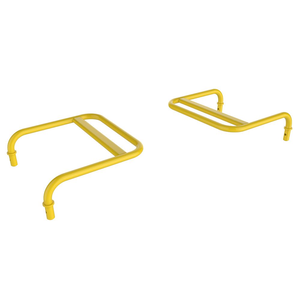 Zwei gelbe Dipstangen-Gestelle. Jedes Gestell hat eine rechteckige Form mit abgerundeten Ecken und gebogenen Füßen. Metallkonstruktion.