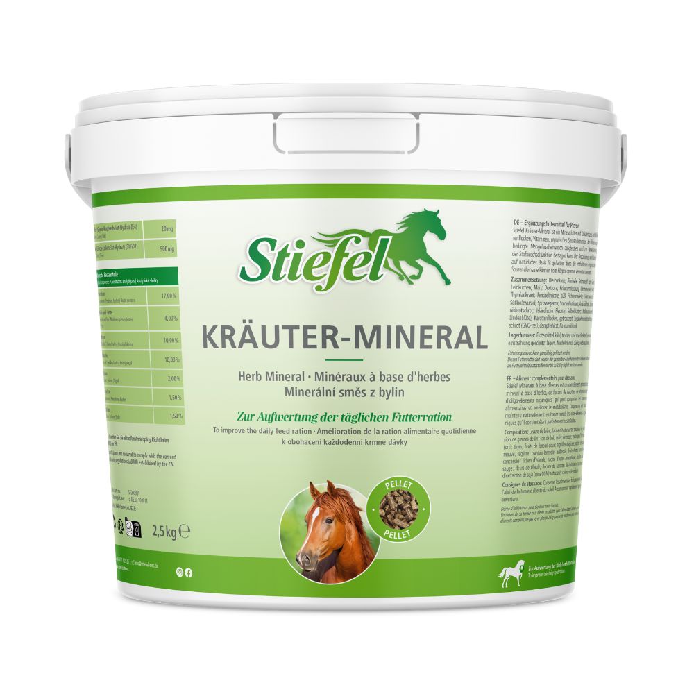Weißer Eimer mit grünem Etikett. Aufschrift: Stiefel Kräuter-Mineral. Enthält ein Pferdebild und Pellets.
