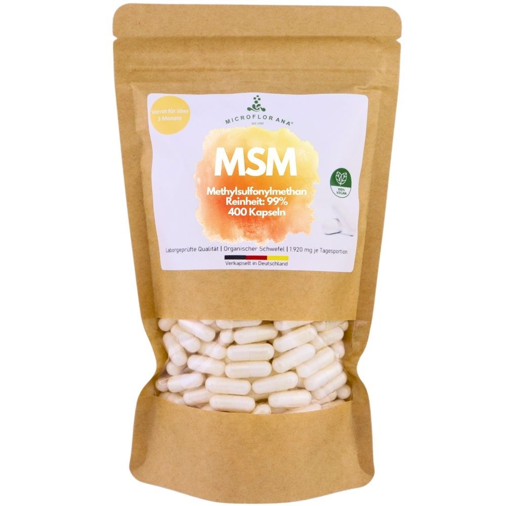 Beutel mit MSM Kapseln. Sichtbares Produkt durch Fenster. Aufschrift: MSM, Methylsulfonylmethan, Reinheit 99%, 400 Kapseln.