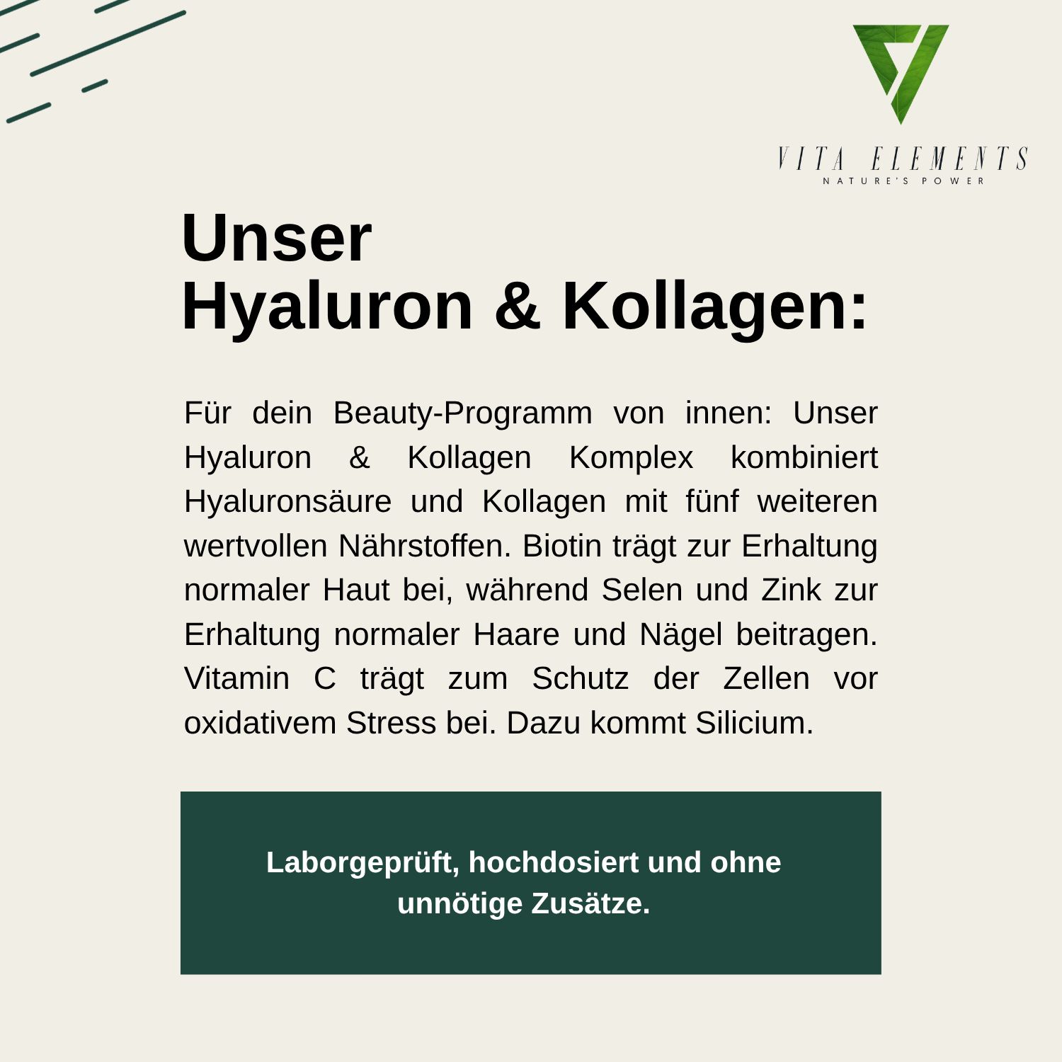 Informationen über Vita Elements Hyaluron & Kollagen Komplex Kapseln.