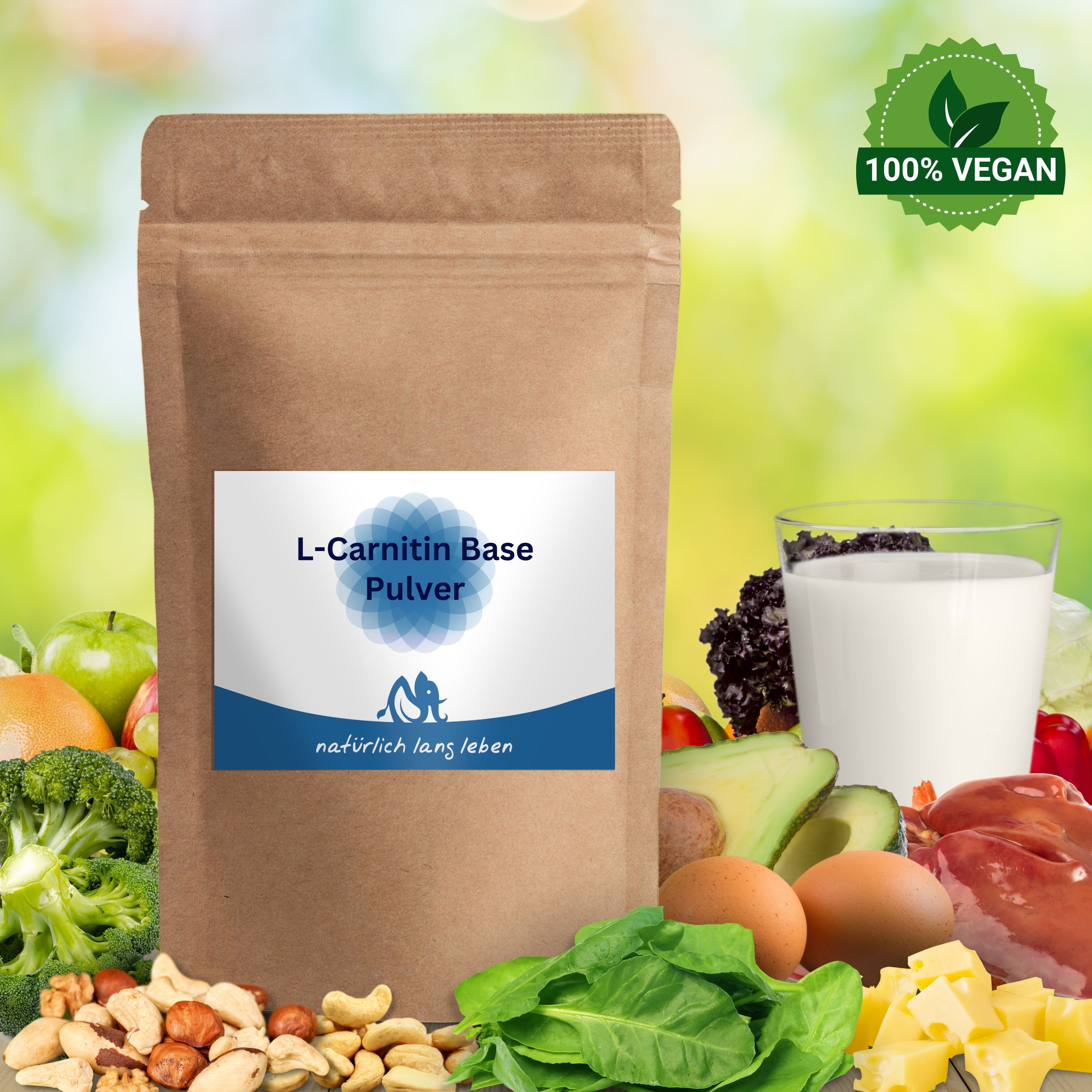 Braune Pulverpackung mit blau-weißem Etikett. Aufschrift: L-Carnitin Base Pulver. Umgeben von Lebensmitteln wie Gemüse und Obst.