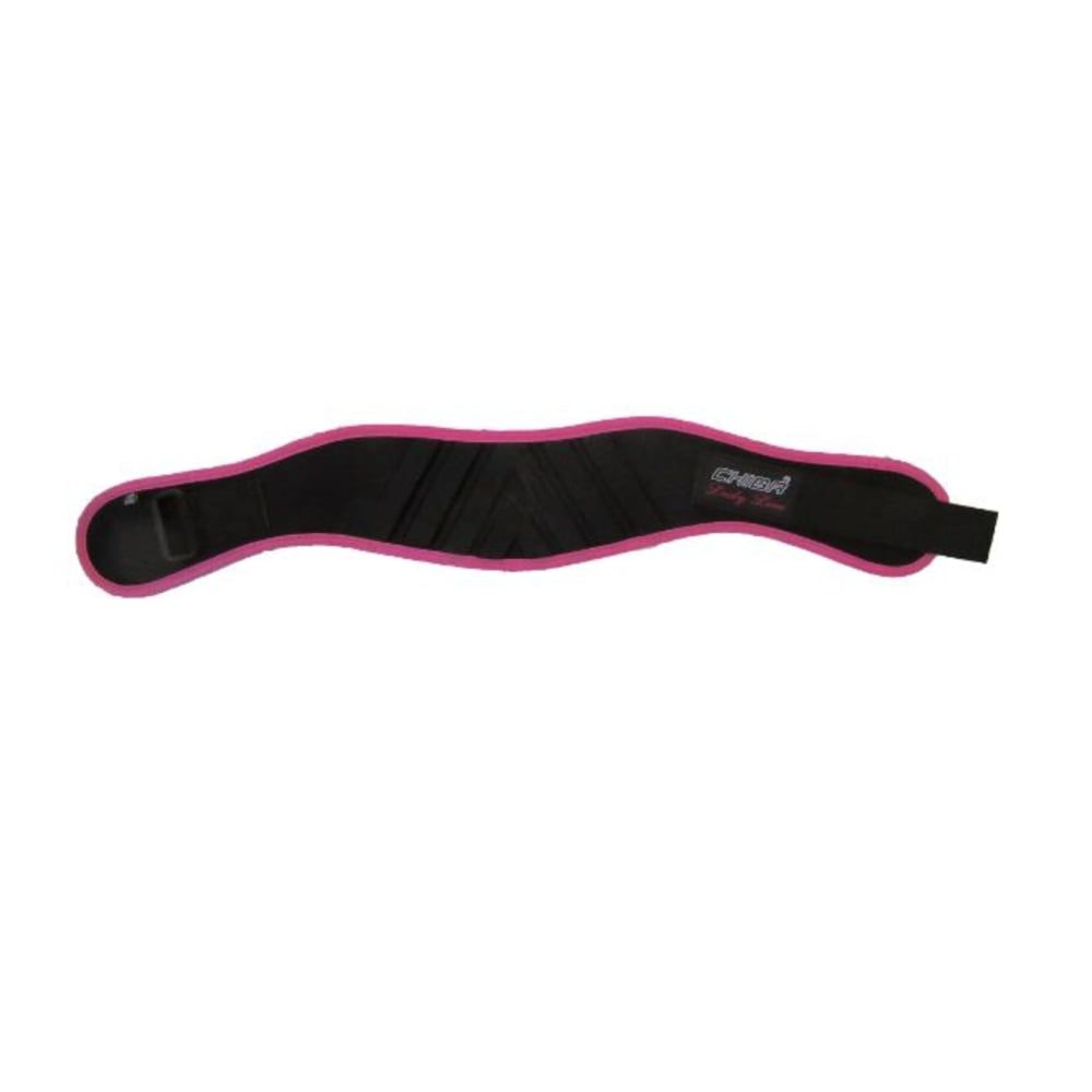 Schwarzer Gewichthebergürtel mit pinkfarbener Umrandung. Der Gürtel hat einen Klettverschluss und das Logo.
