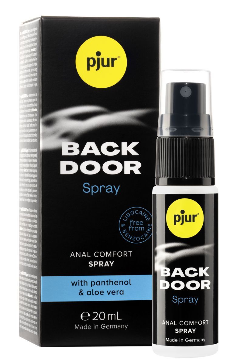 Pjur Back Door Spray, Flasche und Verpackung. Schwarze Flasche mit Sprühkopf, gelbes Logo. Verpackung mit Produktnamen und Inhaltsstoffen.