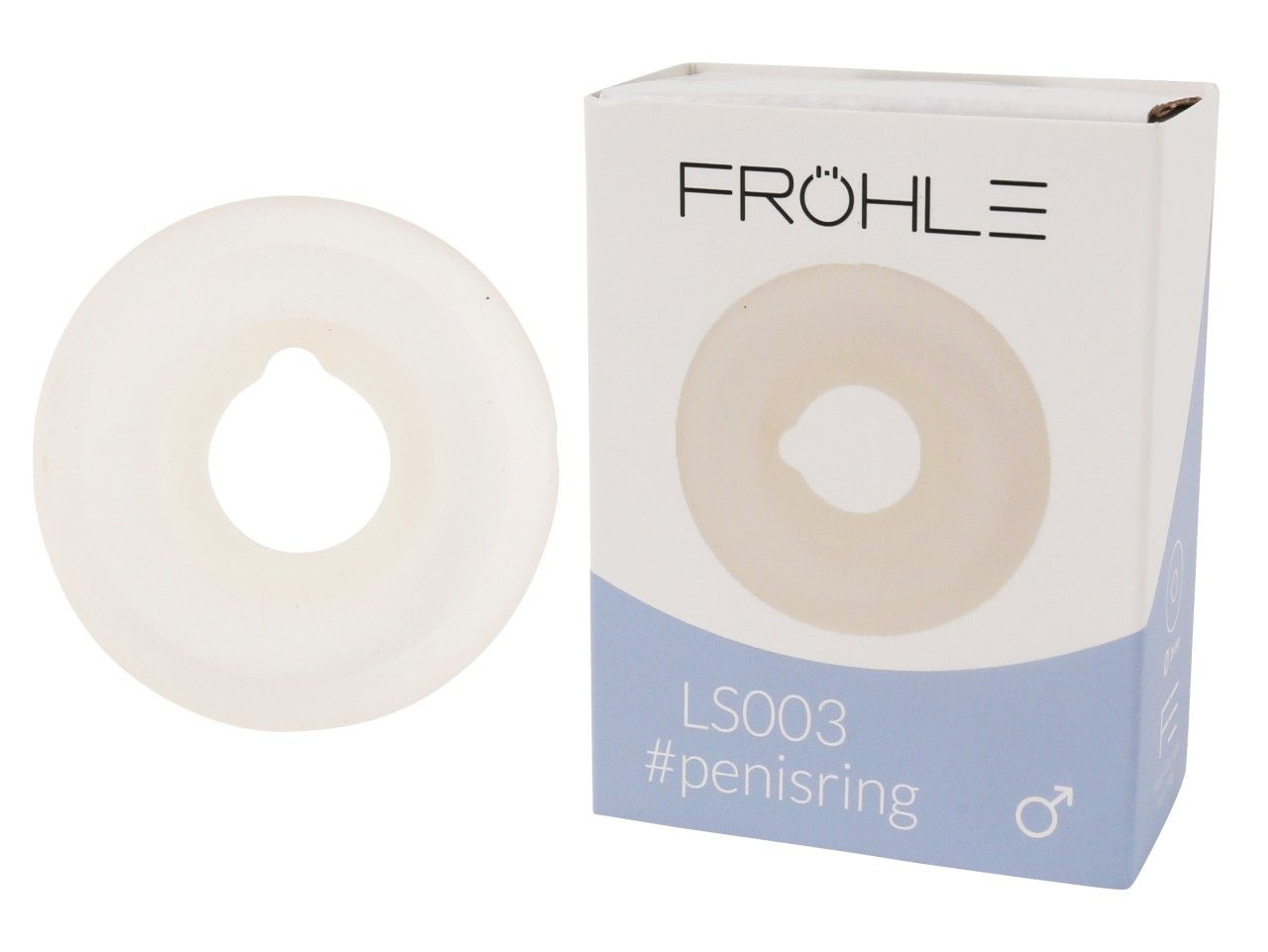 Weißer Penisring aus flexiblem Material, neben seiner Verpackung mit der Aufschrift "FRÖHLE LS003 #penisring".