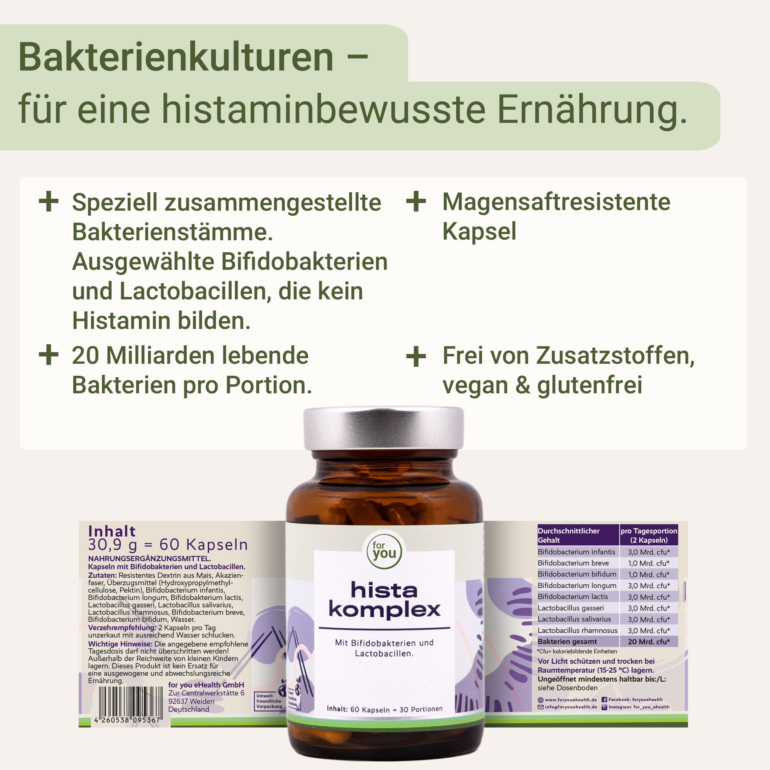 Braune Flasche „for you Hista Komplex“ mit Kapseln und Text. 20 Milliarden Bakterien, magensaftresistente Kapseln, vegan.