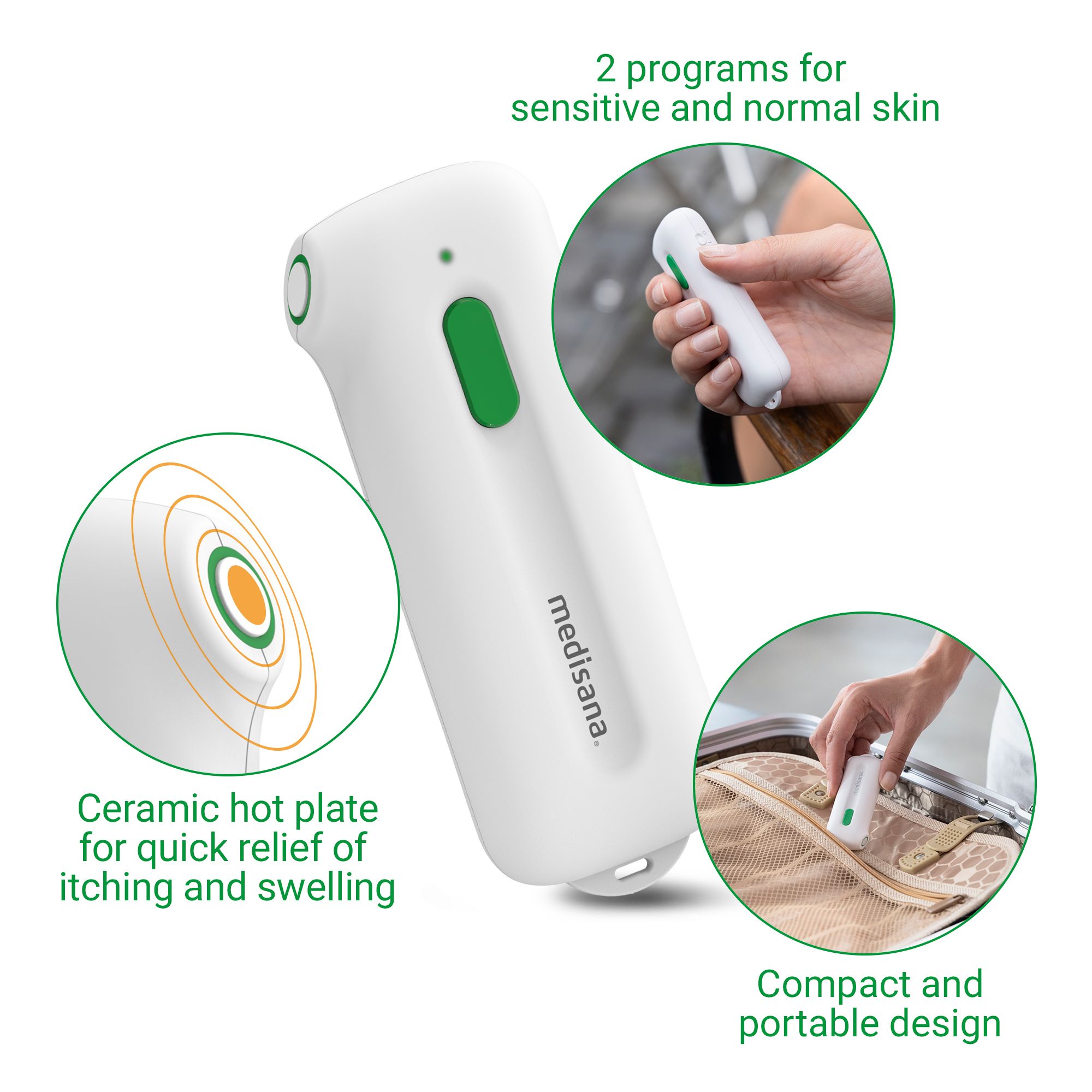 Appareil blanc, bouton vert. Vues détaillées : utilisation, emballage, fonction.