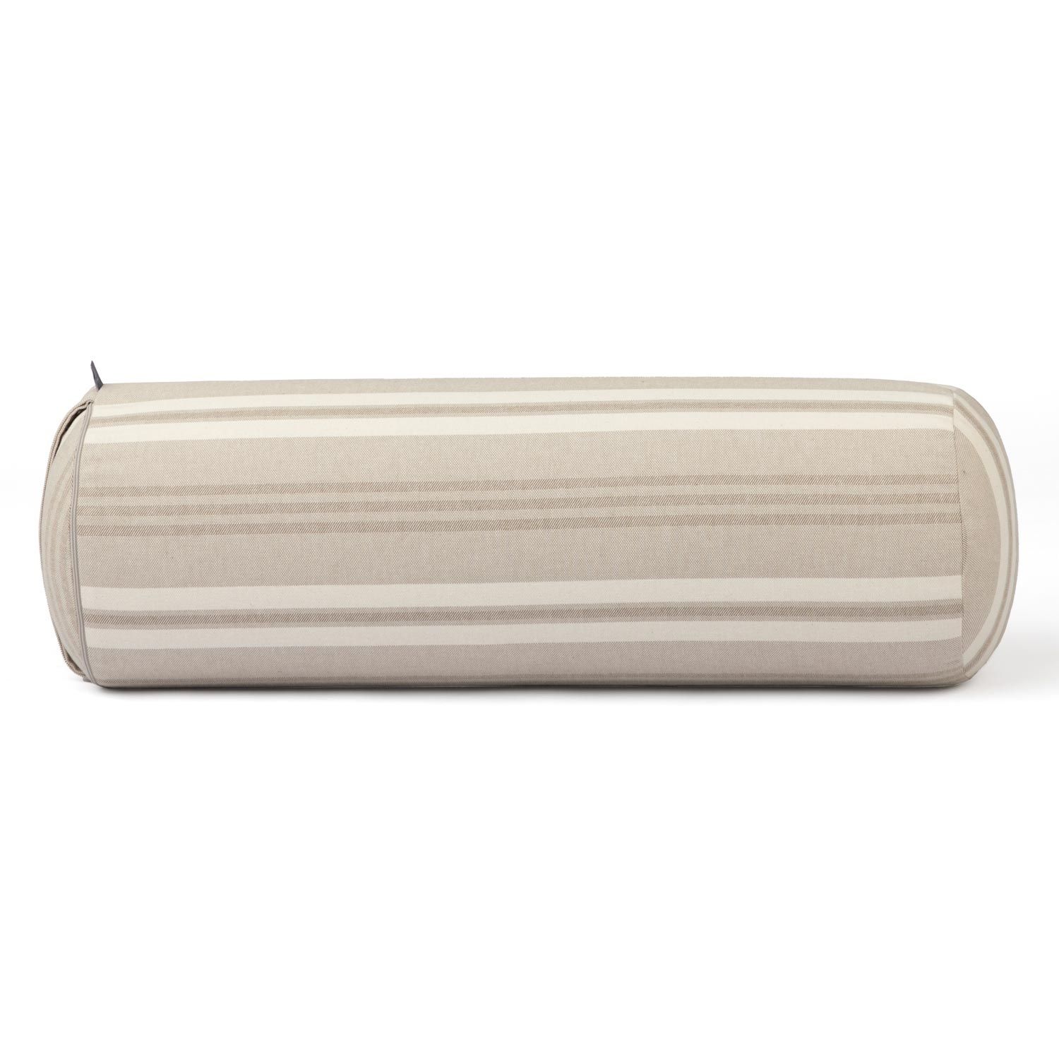 Zylindrisches Yoga-Bolster mit beigen und weißen Streifen. Liegend, seitliche Ansicht.