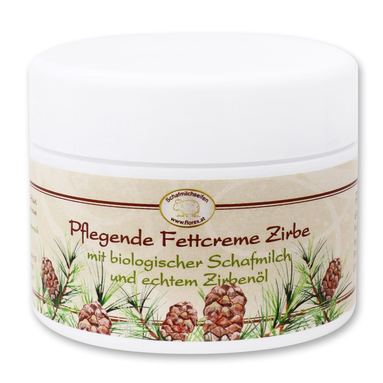 Weißes Creme-Tiegel mit Aufschrift. Auf dem Etikett: "Pflegende Fettcreme Zirbe mit biologischer Schafmilch und echtem Zirbenöl".