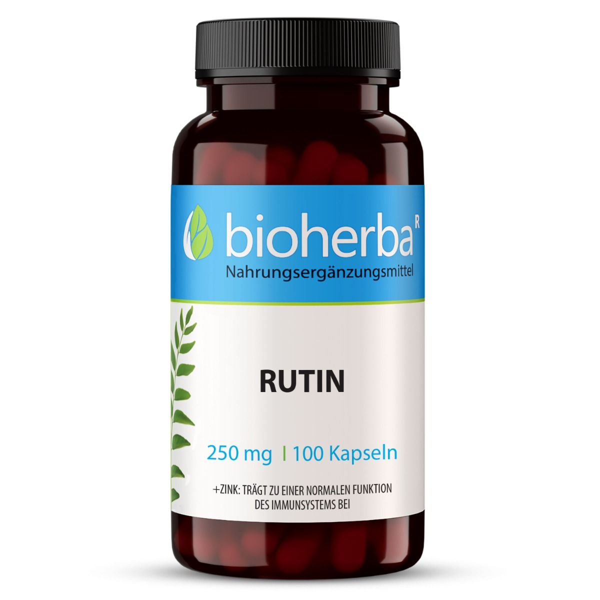 Bioherba Rutin Kapseln, braune Flasche mit schwarzem Deckel. Weißes Etikett mit Produktnamen und Inhaltsangabe: 250 mg, 100 Kapseln.