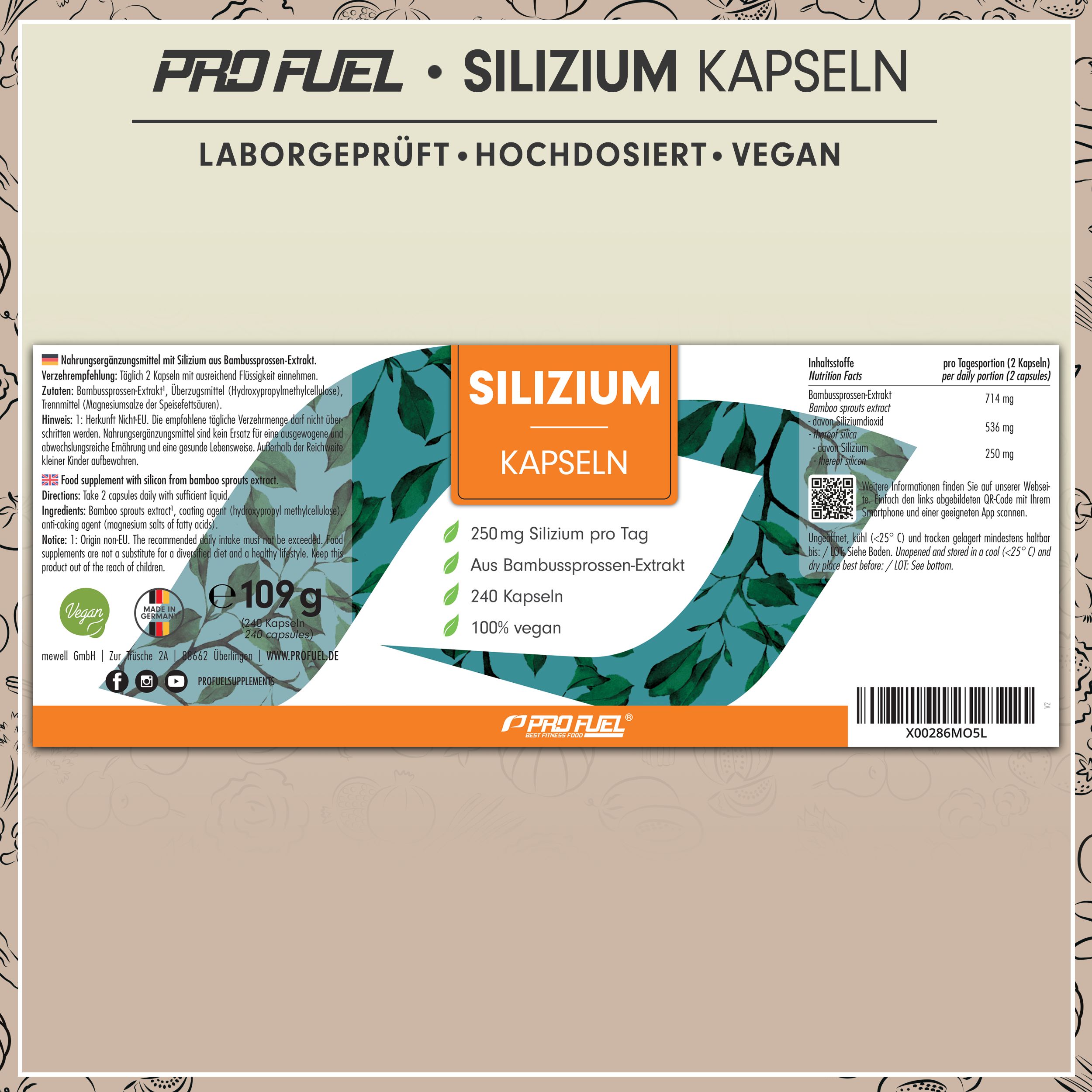 Produktverpackung. Silizium Kapseln. 240 Kapseln, 100% vegan. ProFuel Logo. Nährwertangaben und Inhaltsstoffe.