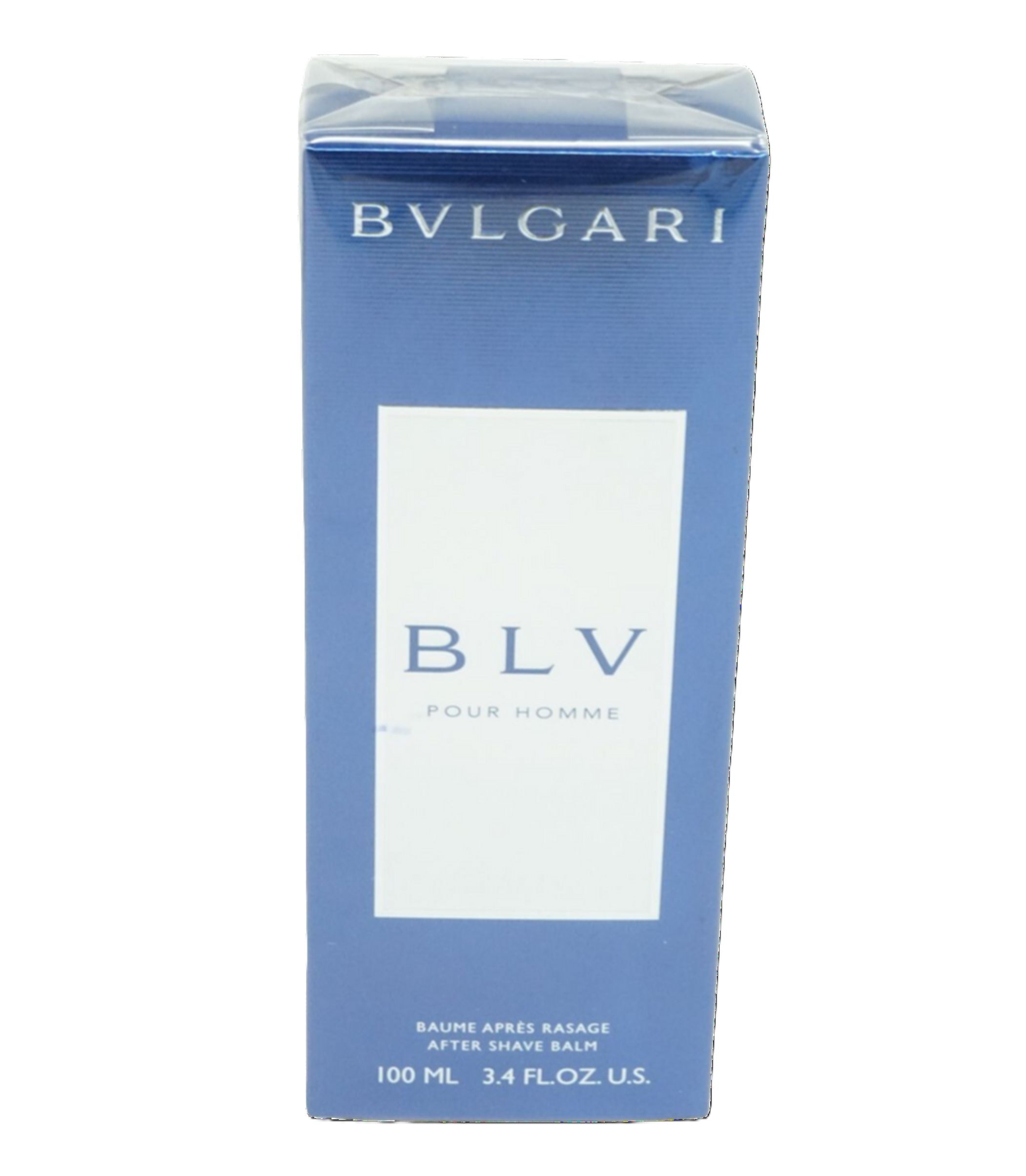 Blau-weiße Verpackung. Oben steht BVLGARI. Darunter BLV POUR HOMME. Text: BAUME APRES RASAGE AFTER SHAVE BALM. Unten: 100 ML 3.4 FL.OZ. U.S.