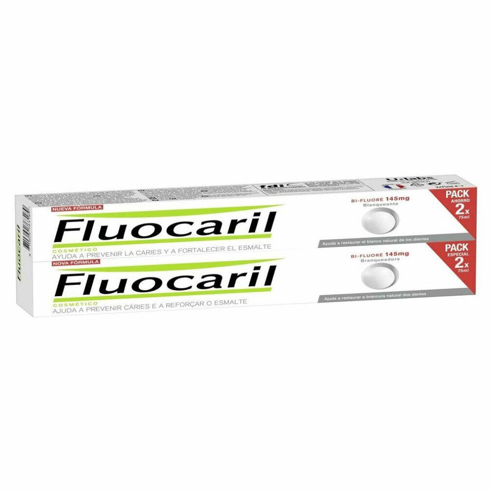 Fluocaril Bi-Fluor Zahnpasta-Packung mit zwei Tuben, Angebot 2x.